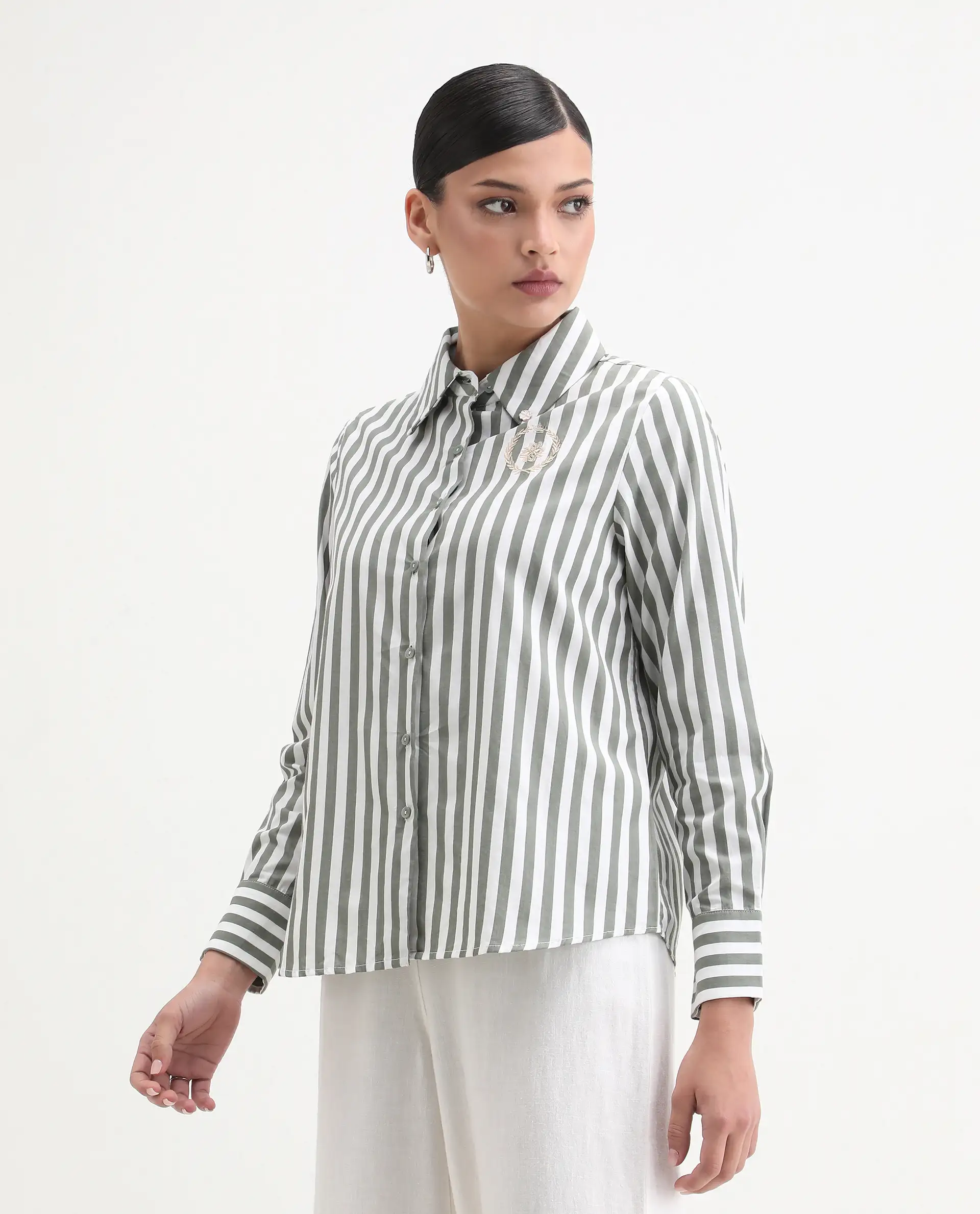 Rareism Women's Gloop Green Cotton Drop Collar Striped Cuffed Sleeve Regular Fit Shirt - Image 7