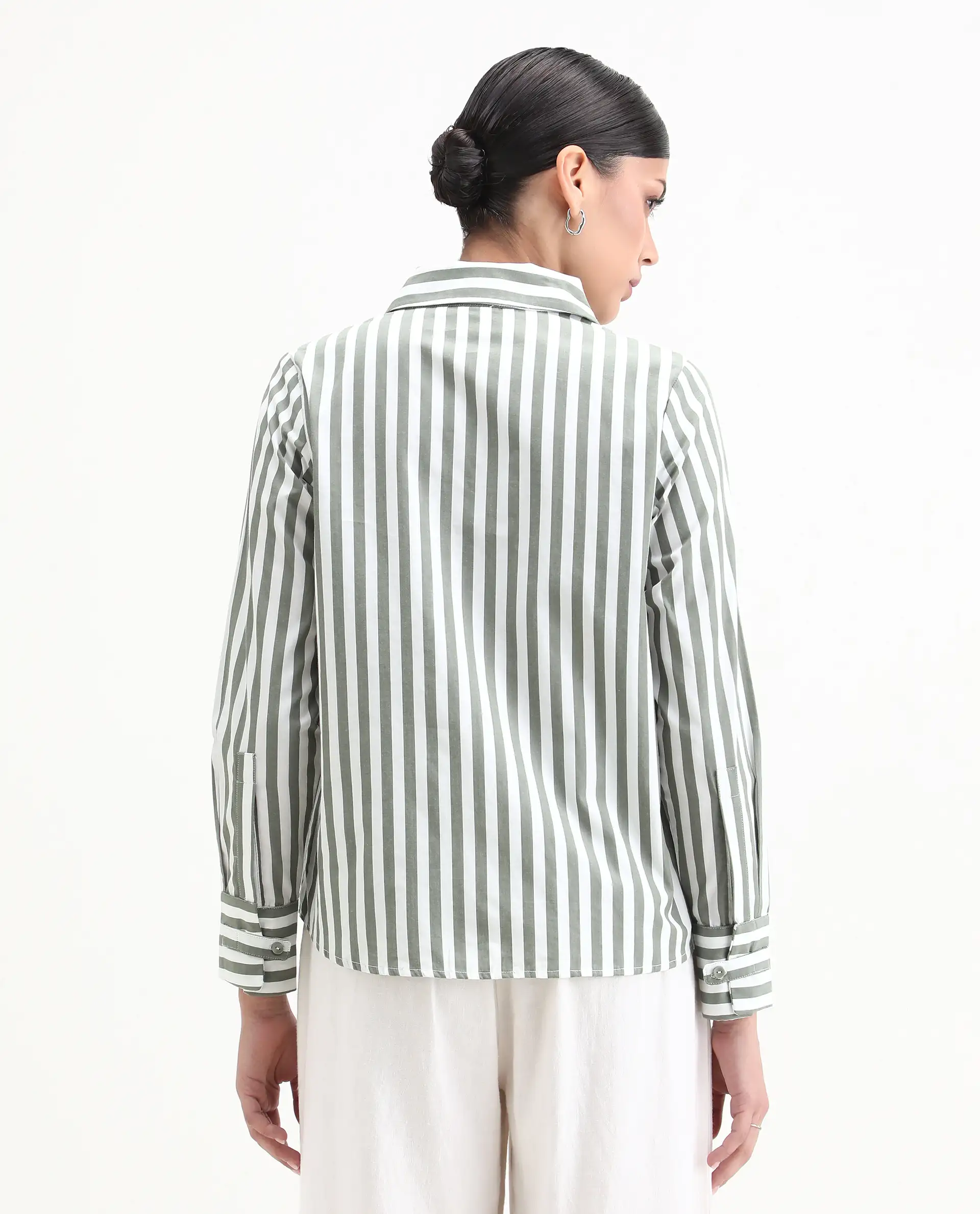 Rareism Women's Gloop Green Cotton Drop Collar Striped Cuffed Sleeve Regular Fit Shirt - Image 8