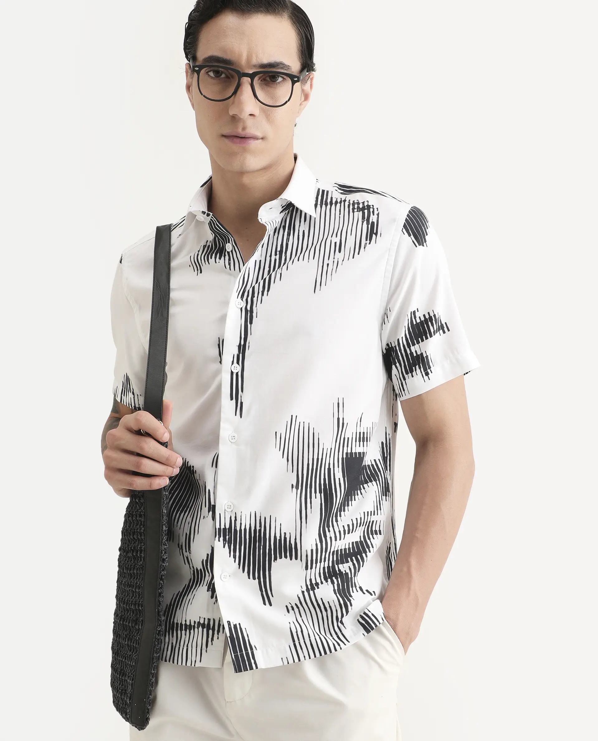 Rare Rabbit Men's Glos White Cotton Blend Fabric Half Sleeve Spread Collar Regular Fit Abstract Print Shirt