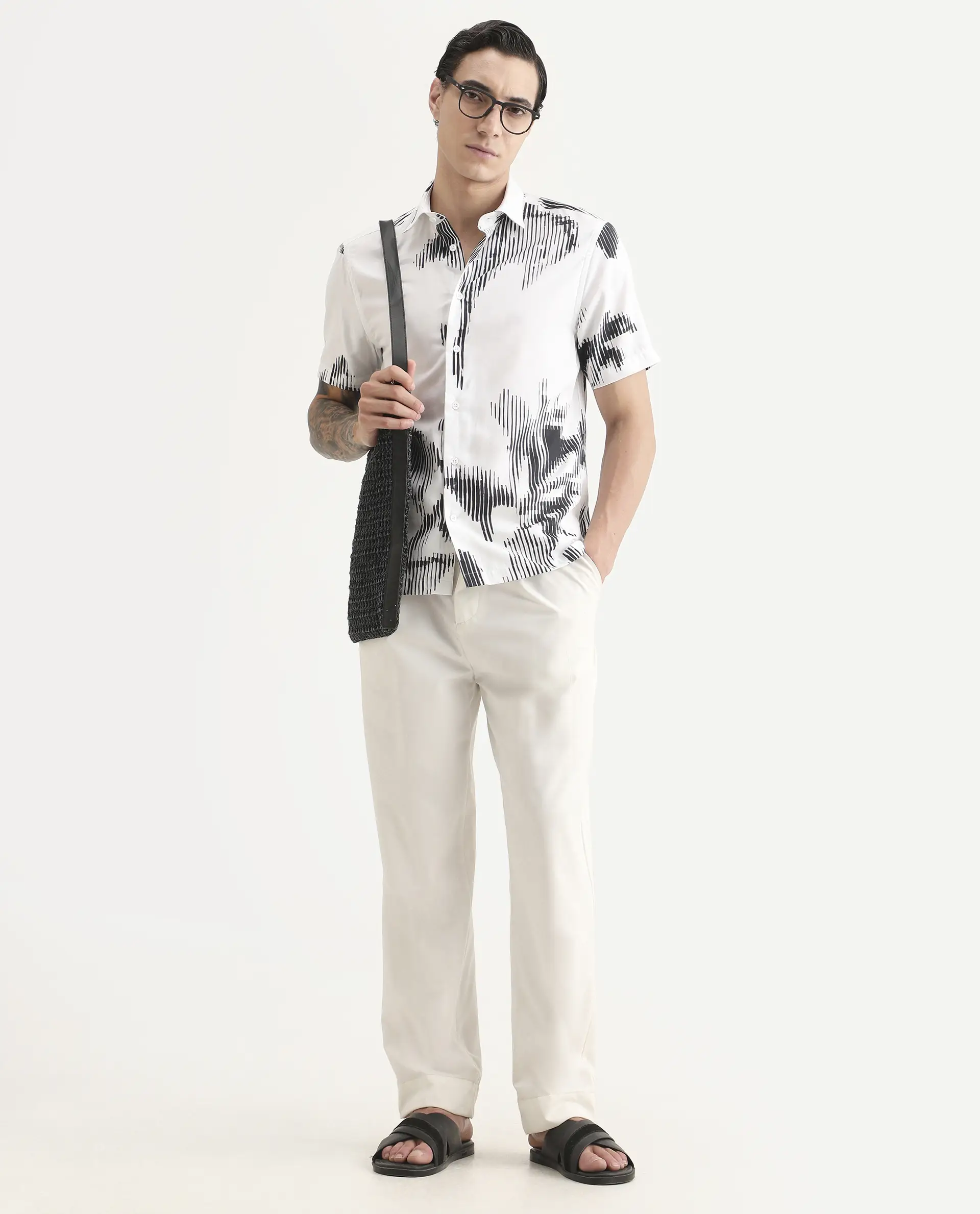 Rare Rabbit Men's Glos White Cotton Blend Fabric Half Sleeve Spread Collar Regular Fit Abstract Print Shirt - Image 2