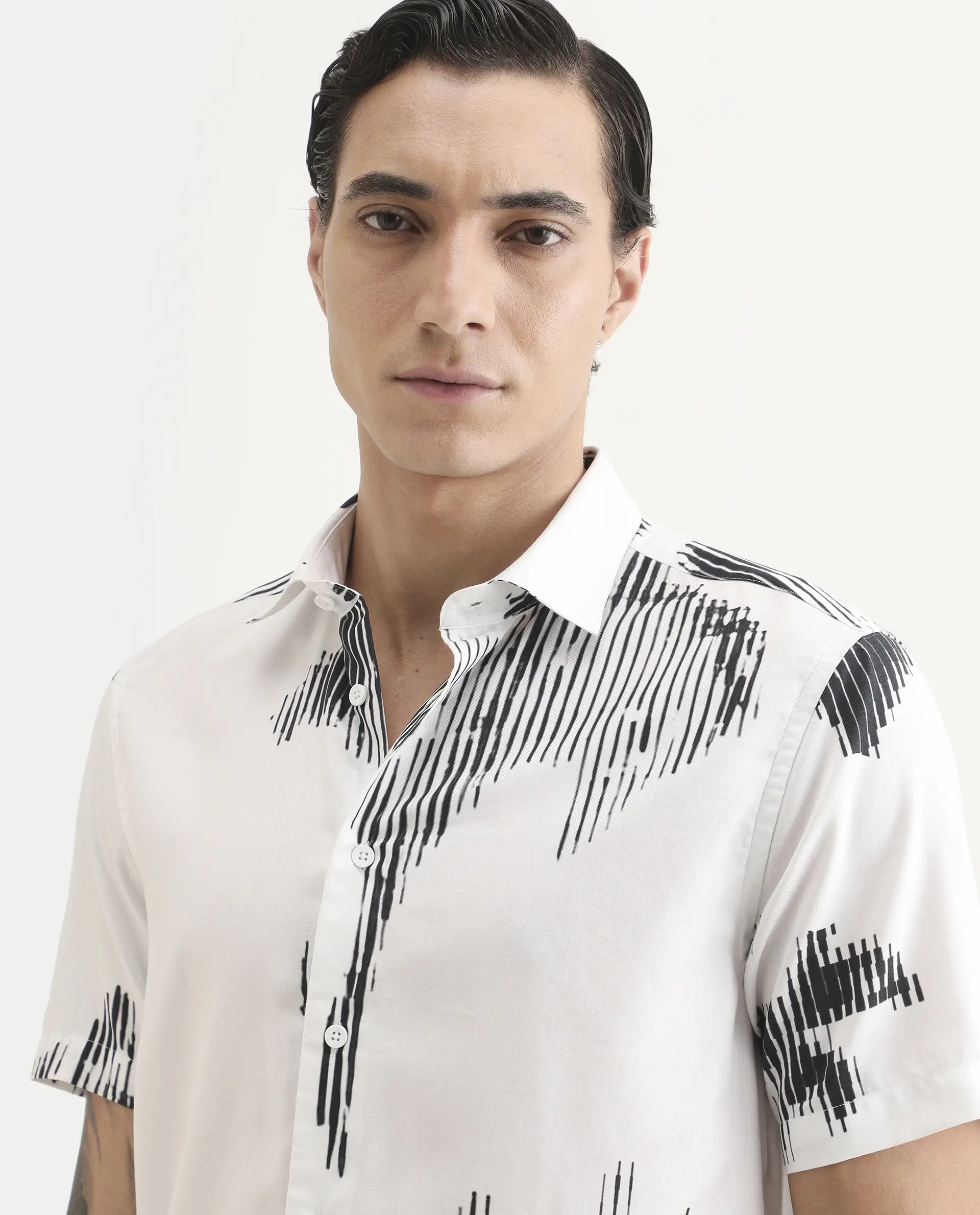 Rare Rabbit Men's Glos White Cotton Blend Fabric Half Sleeve Spread Collar Regular Fit Abstract Print Shirt - Image 3