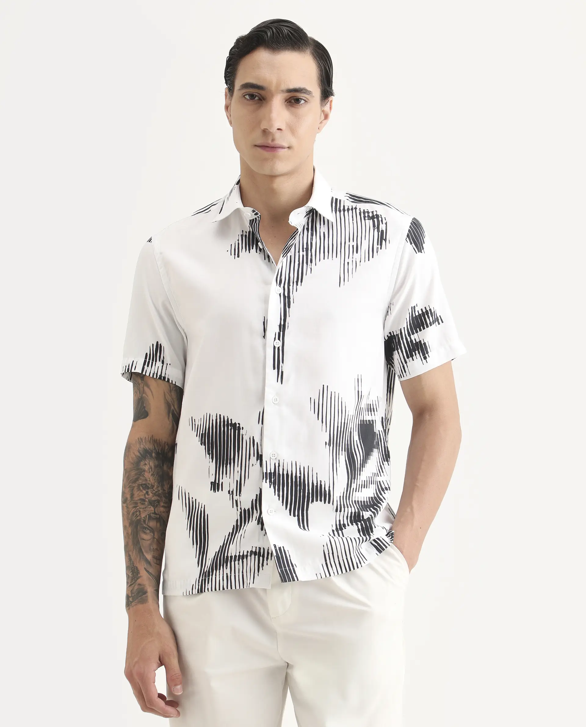 Rare Rabbit Men's Glos White Cotton Blend Fabric Half Sleeve Spread Collar Regular Fit Abstract Print Shirt - Image 4