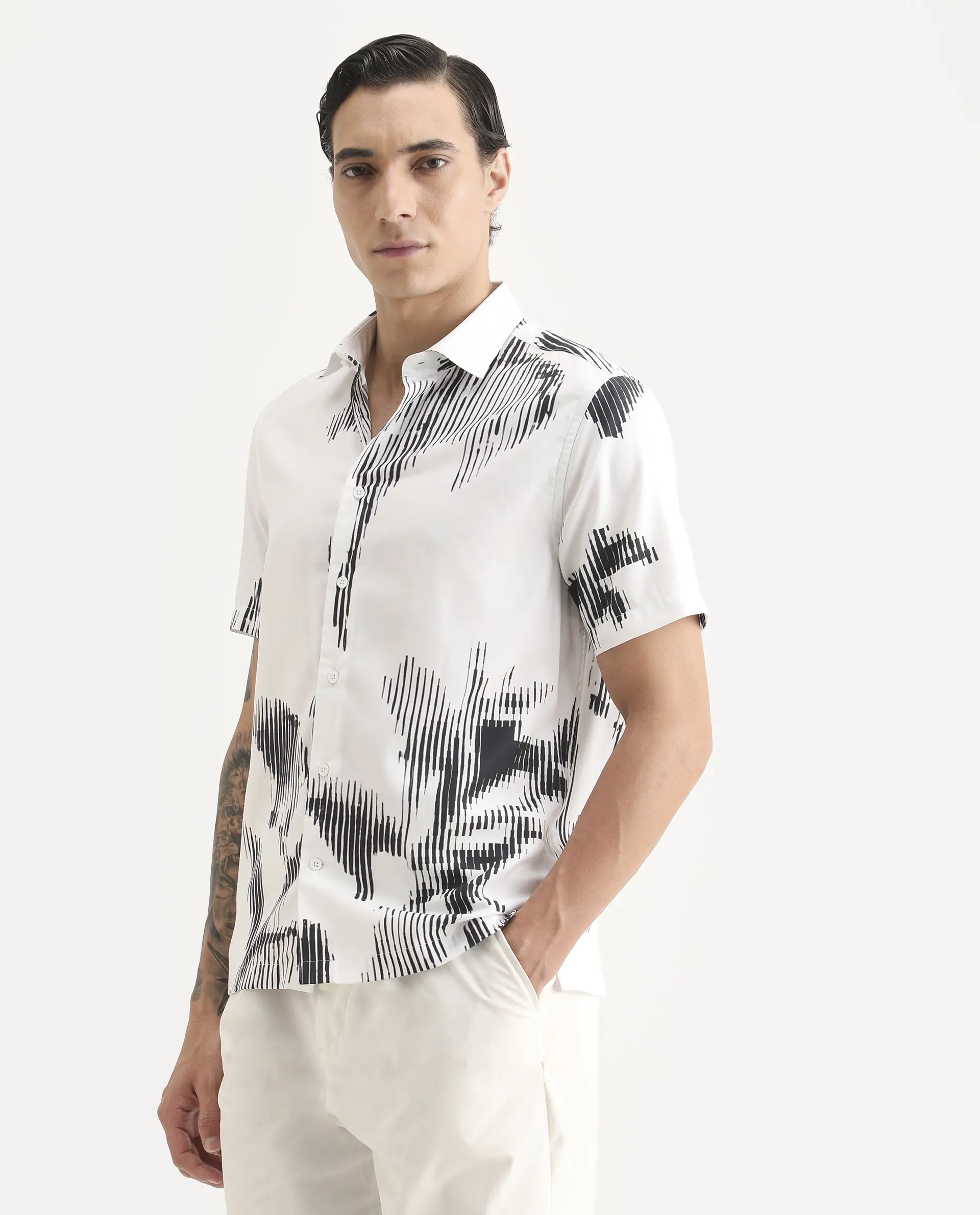 Rare Rabbit Men's Glos White Cotton Blend Fabric Half Sleeve Spread Collar Regular Fit Abstract Print Shirt - Image 5