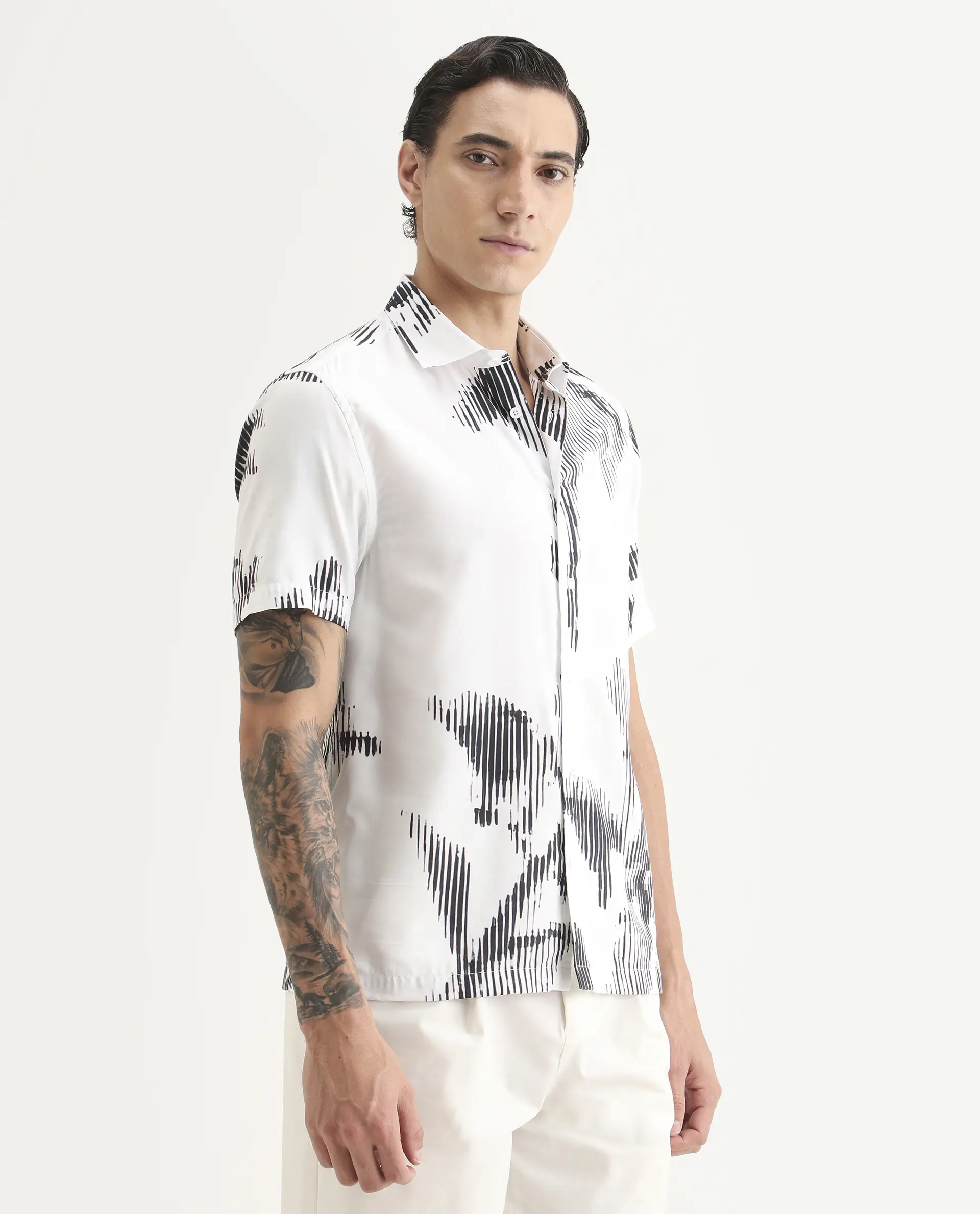 Rare Rabbit Men's Glos White Cotton Blend Fabric Half Sleeve Spread Collar Regular Fit Abstract Print Shirt - Image 6