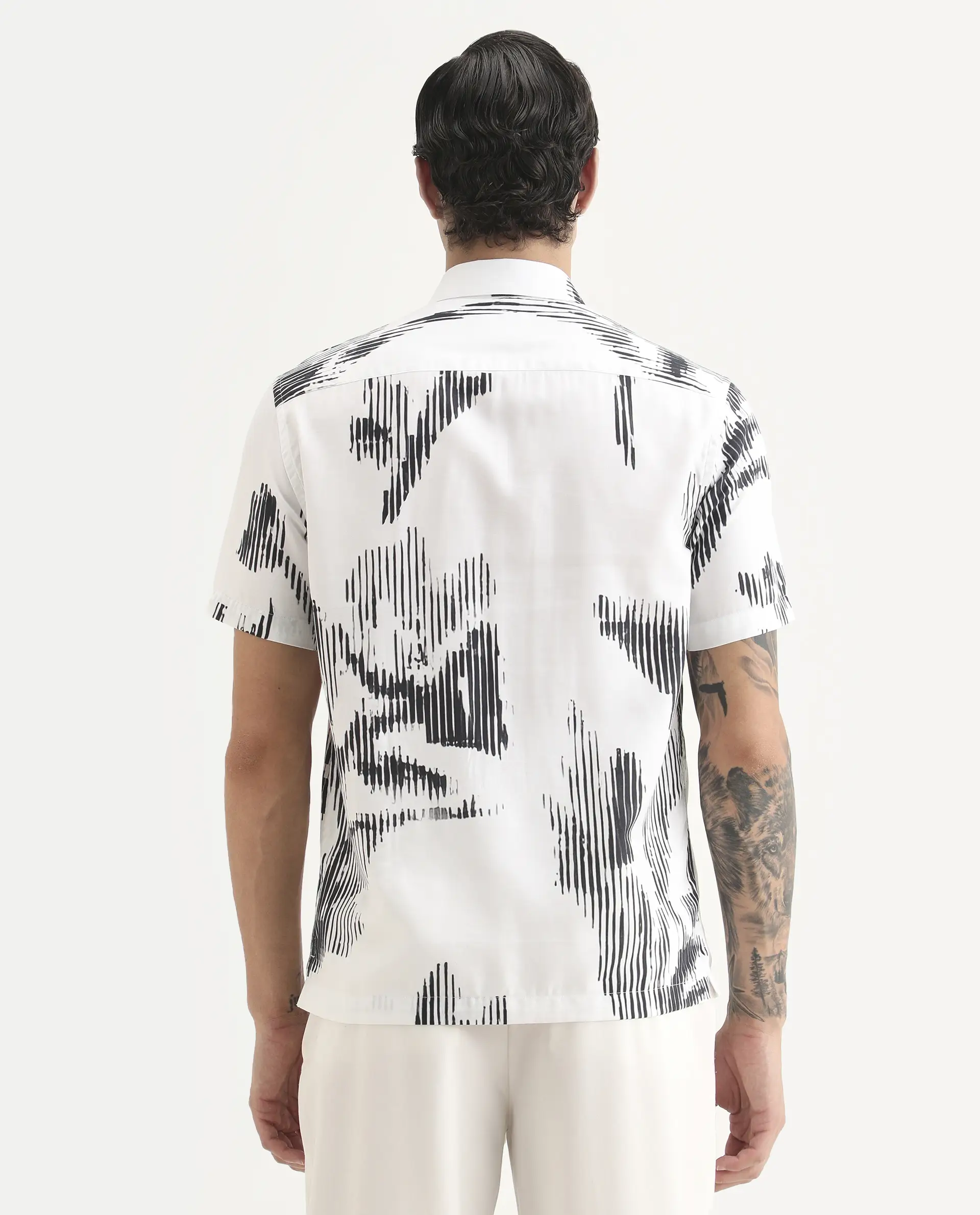 Rare Rabbit Men's Glos White Cotton Blend Fabric Half Sleeve Spread Collar Regular Fit Abstract Print Shirt - Image 7