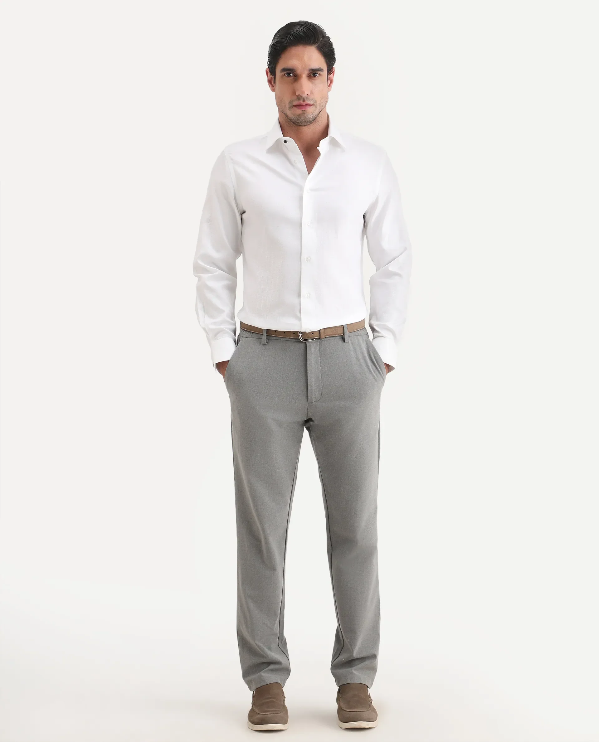 Rare Rabbit Men's Glyn White Cotton Fabric Full Sleeve Spread Collar Button Regular Plain Shirt - Image 2