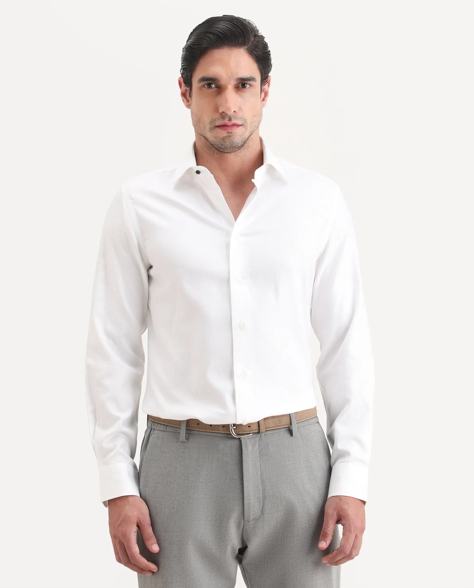 Rare Rabbit Men's Glyn White Cotton Fabric Full Sleeve Spread Collar Button Regular Plain Shirt - Image 4