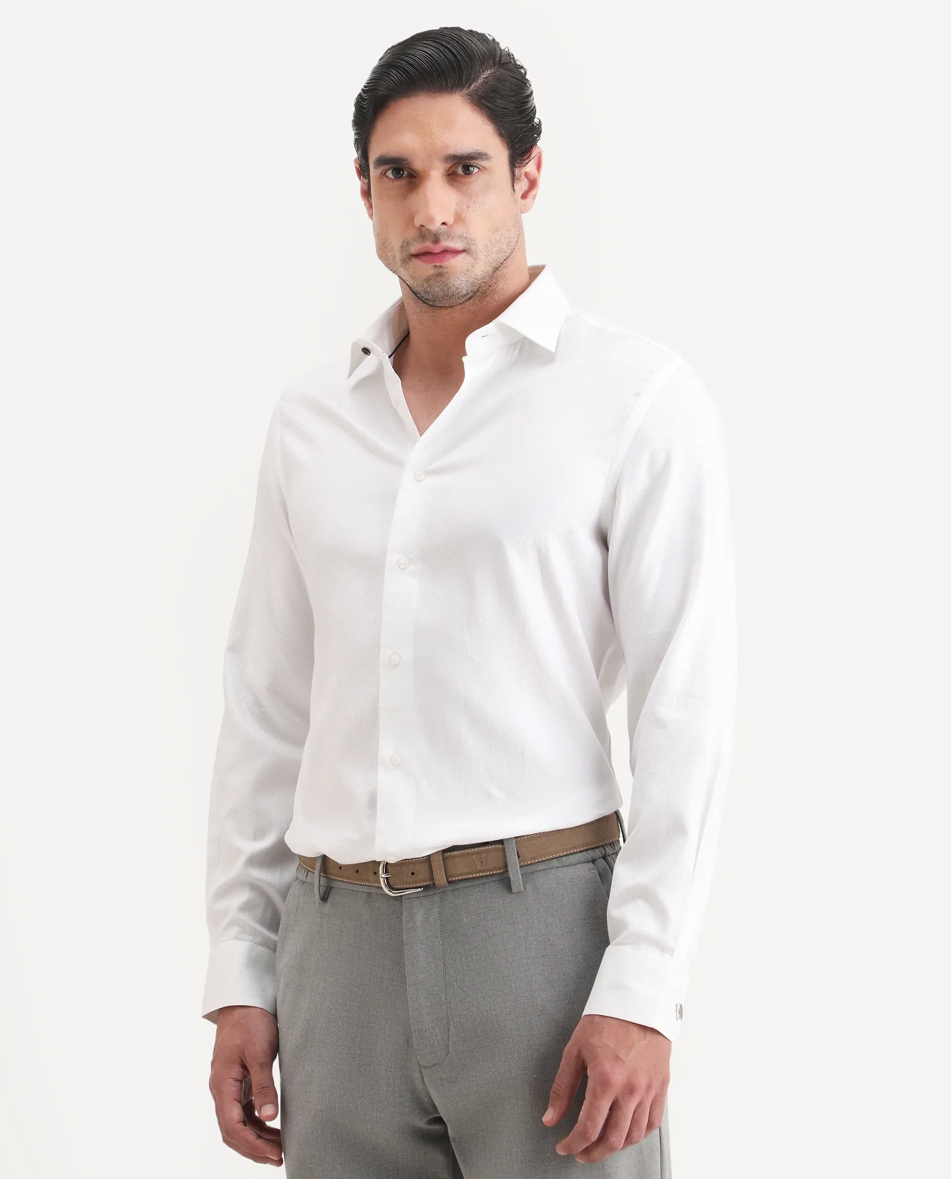 Rare Rabbit Men's Glyn White Cotton Fabric Full Sleeve Spread Collar Button Regular Plain Shirt - Image 5