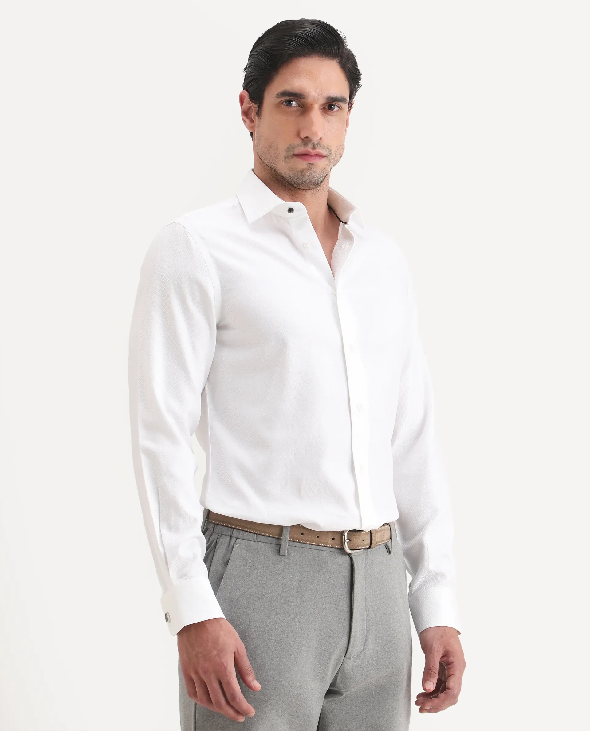 Rare Rabbit Men's Glyn White Cotton Fabric Full Sleeve Spread Collar Button Regular Plain Shirt - Image 6