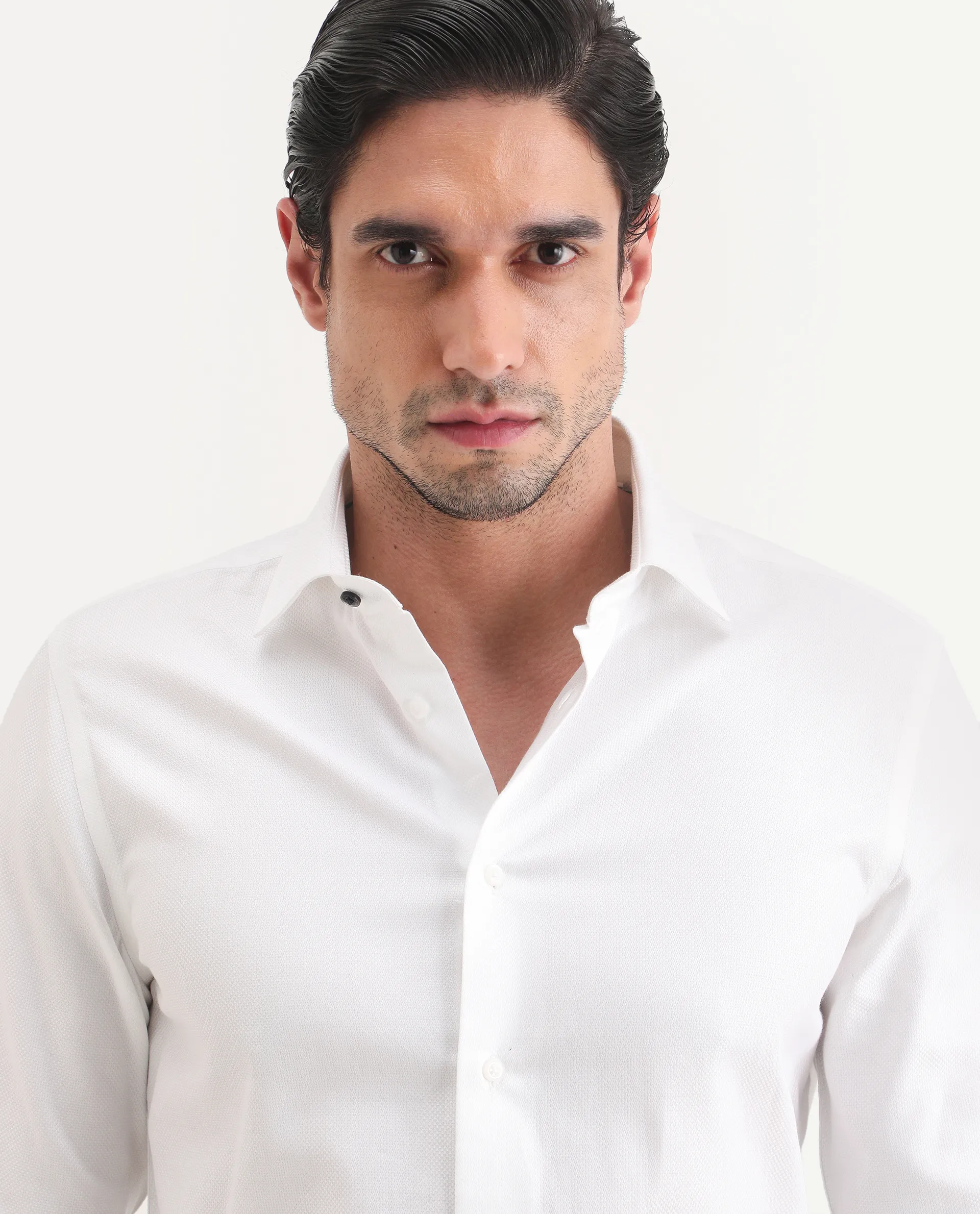 Rare Rabbit Men's Glyn White Cotton Fabric Full Sleeve Spread Collar Button Regular Plain Shirt - Image 7