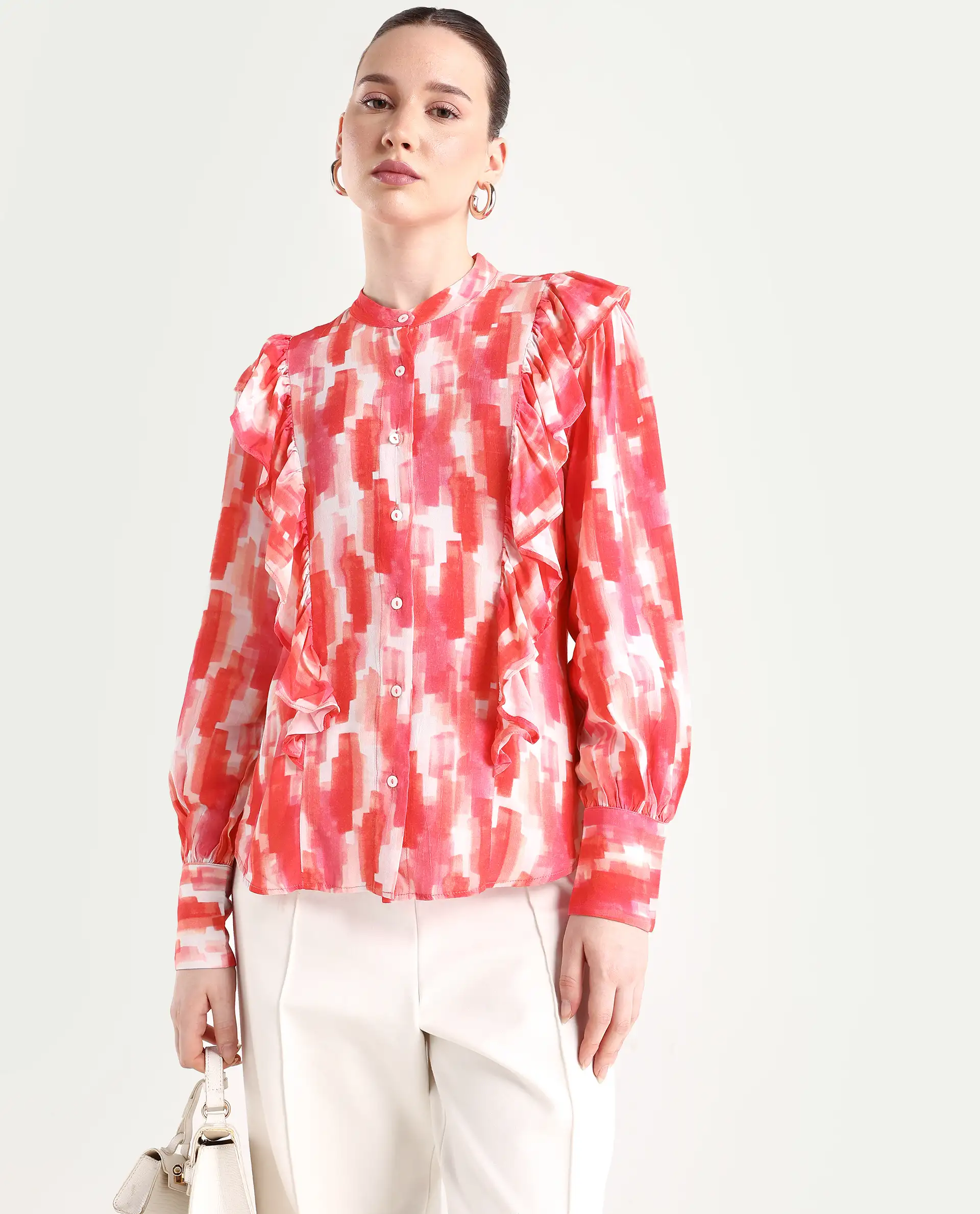 Rareism Women's Goku Pink Mandarin Collar Printed Knee Length Regular Fit Top - Image 2