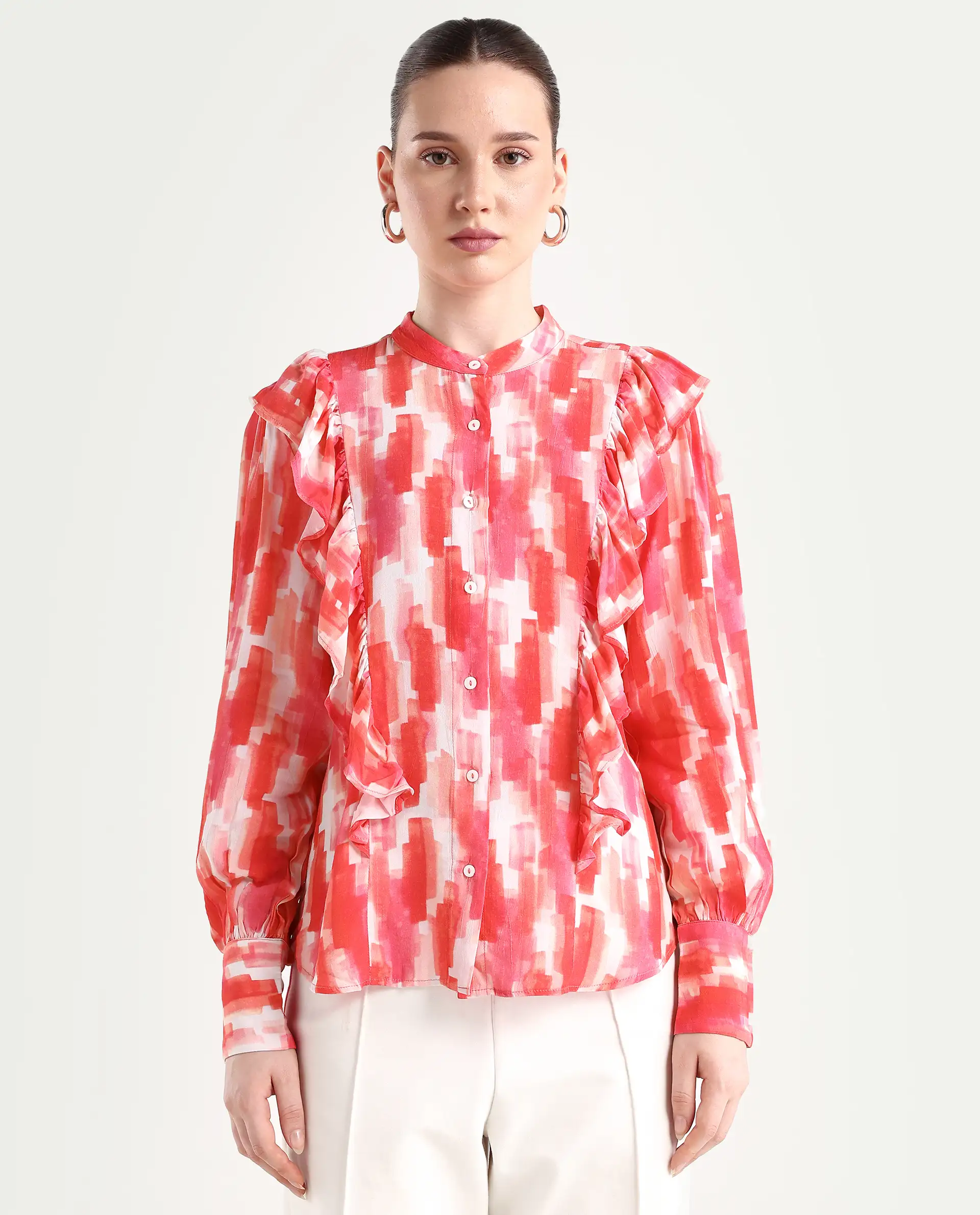 Rareism Women's Goku Pink Mandarin Collar Printed Knee Length Regular Fit Top - Image 3