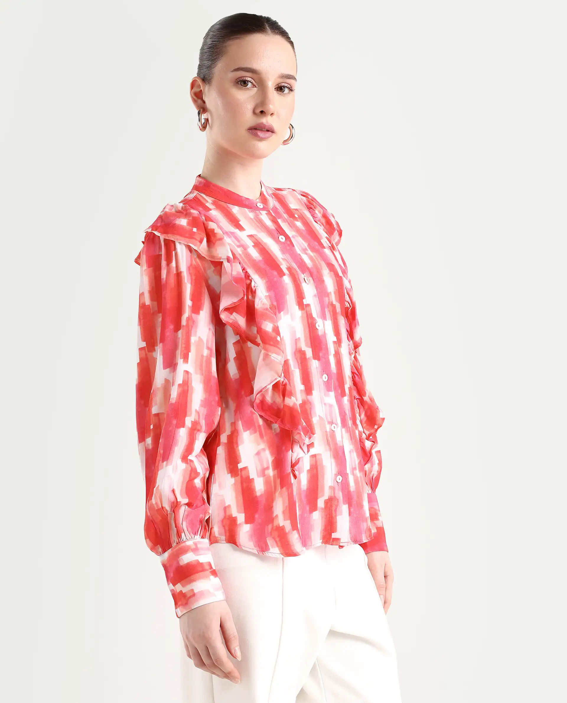 Rareism Women's Goku Pink Mandarin Collar Printed Knee Length Regular Fit Top - Image 5