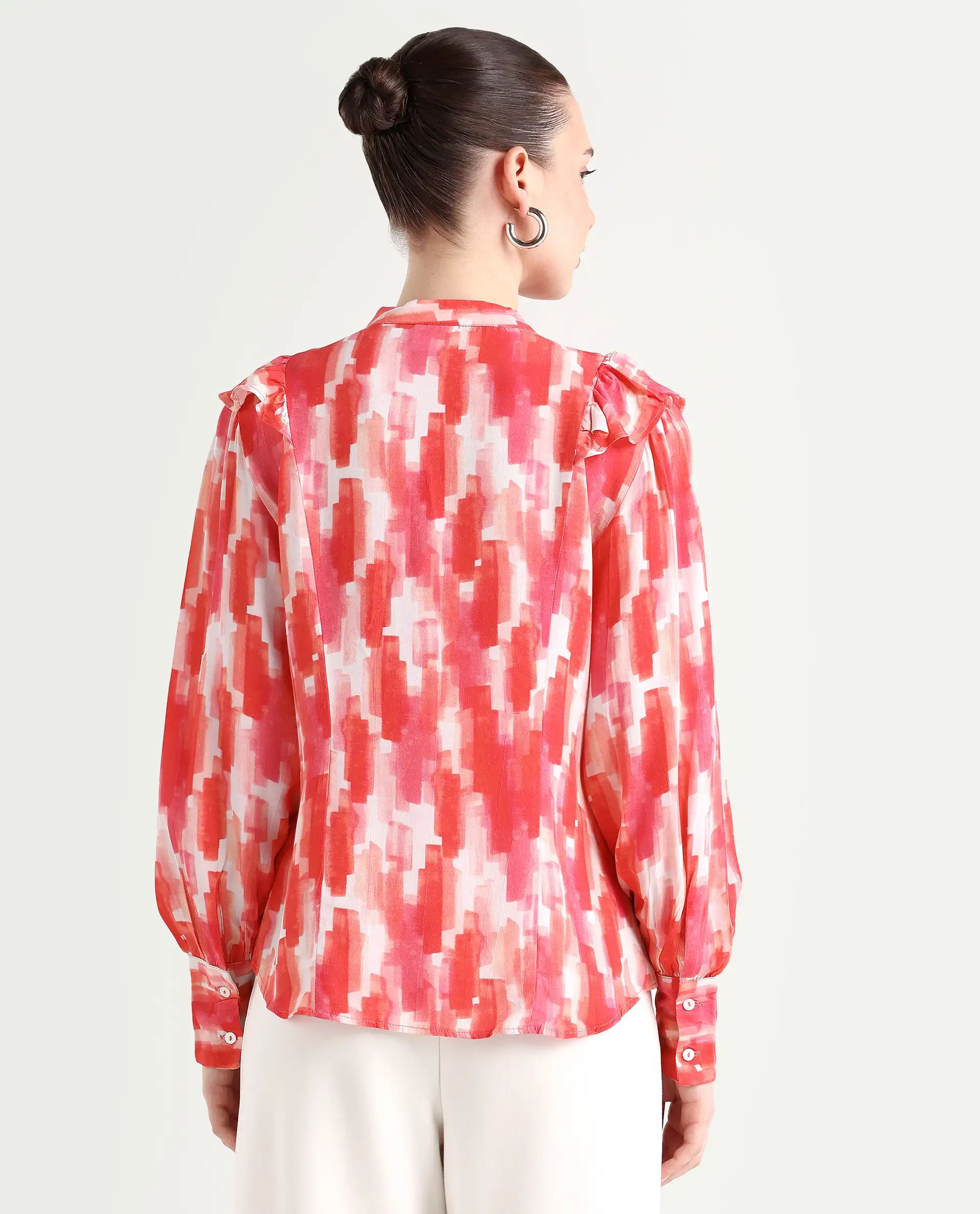 Rareism Women's Goku Pink Mandarin Collar Printed Knee Length Regular Fit Top - Image 7