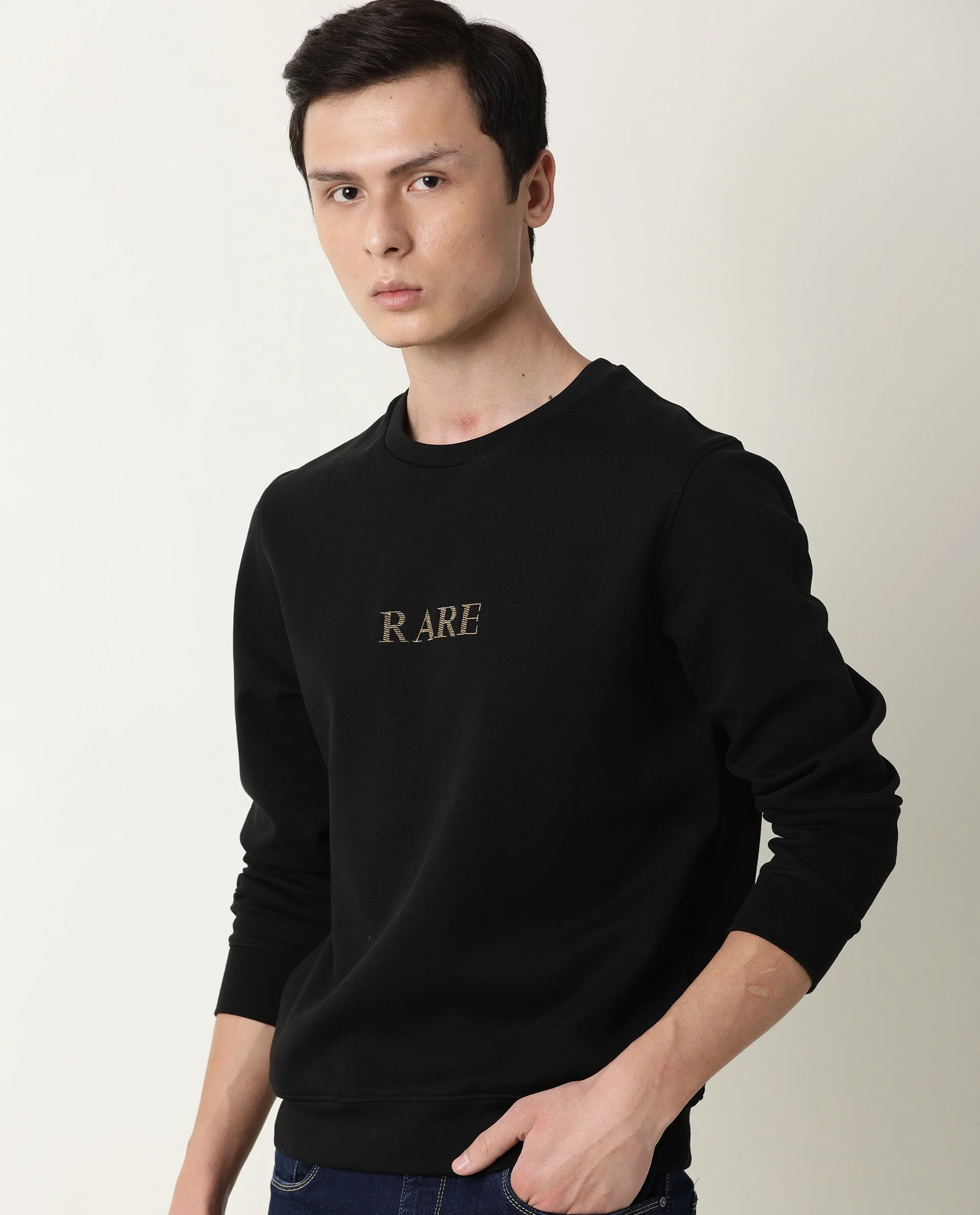 Rare Rabbit Men's Gold Black Plain Regular Fit Full Sleeve Crew Neck Sweatshirt - Image 2