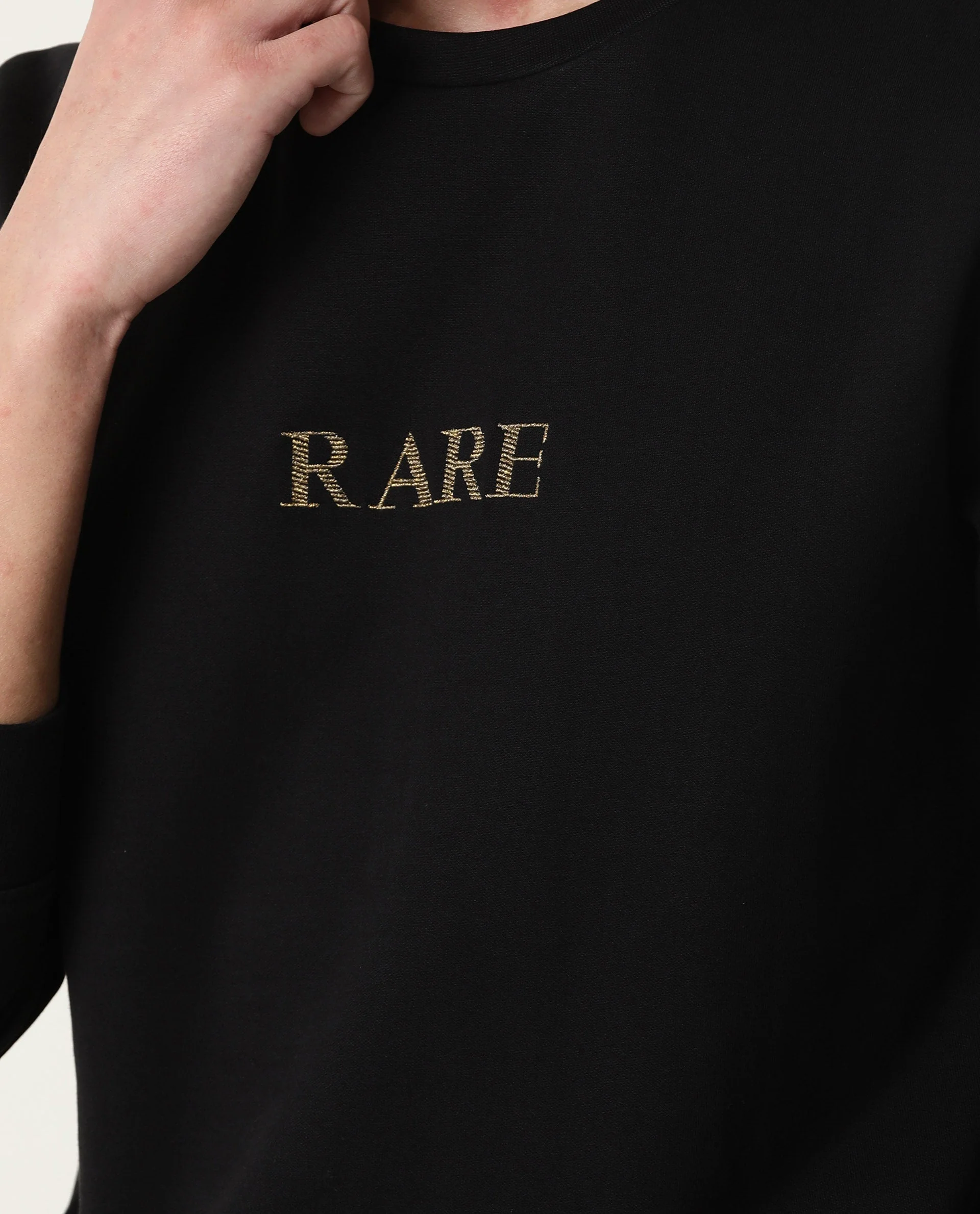 Rare Rabbit Men's Gold Black Plain Regular Fit Full Sleeve Crew Neck Sweatshirt - Image 3