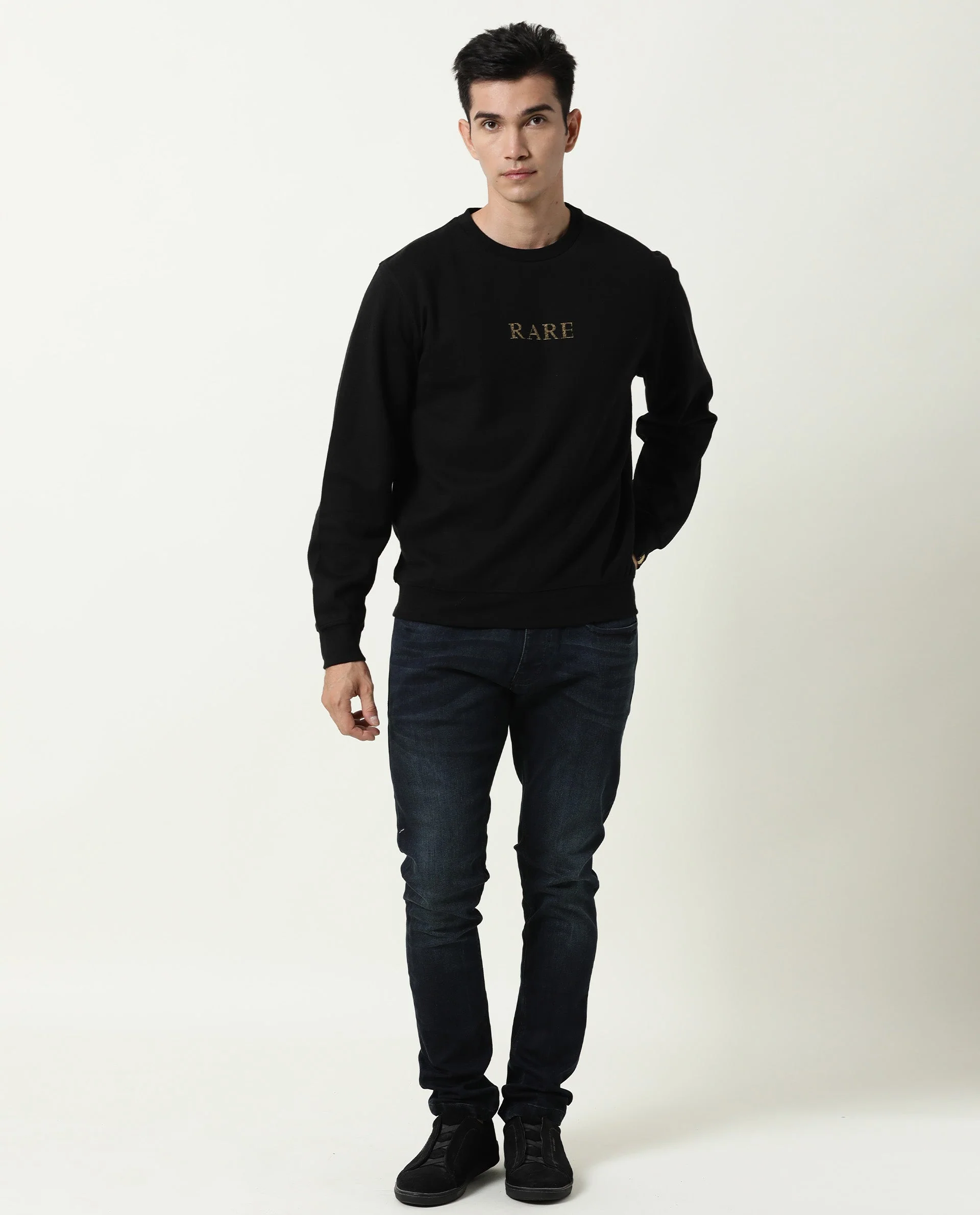 Rare Rabbit Men's Gold Black Plain Regular Fit Full Sleeve Crew Neck Sweatshirt - Image 4