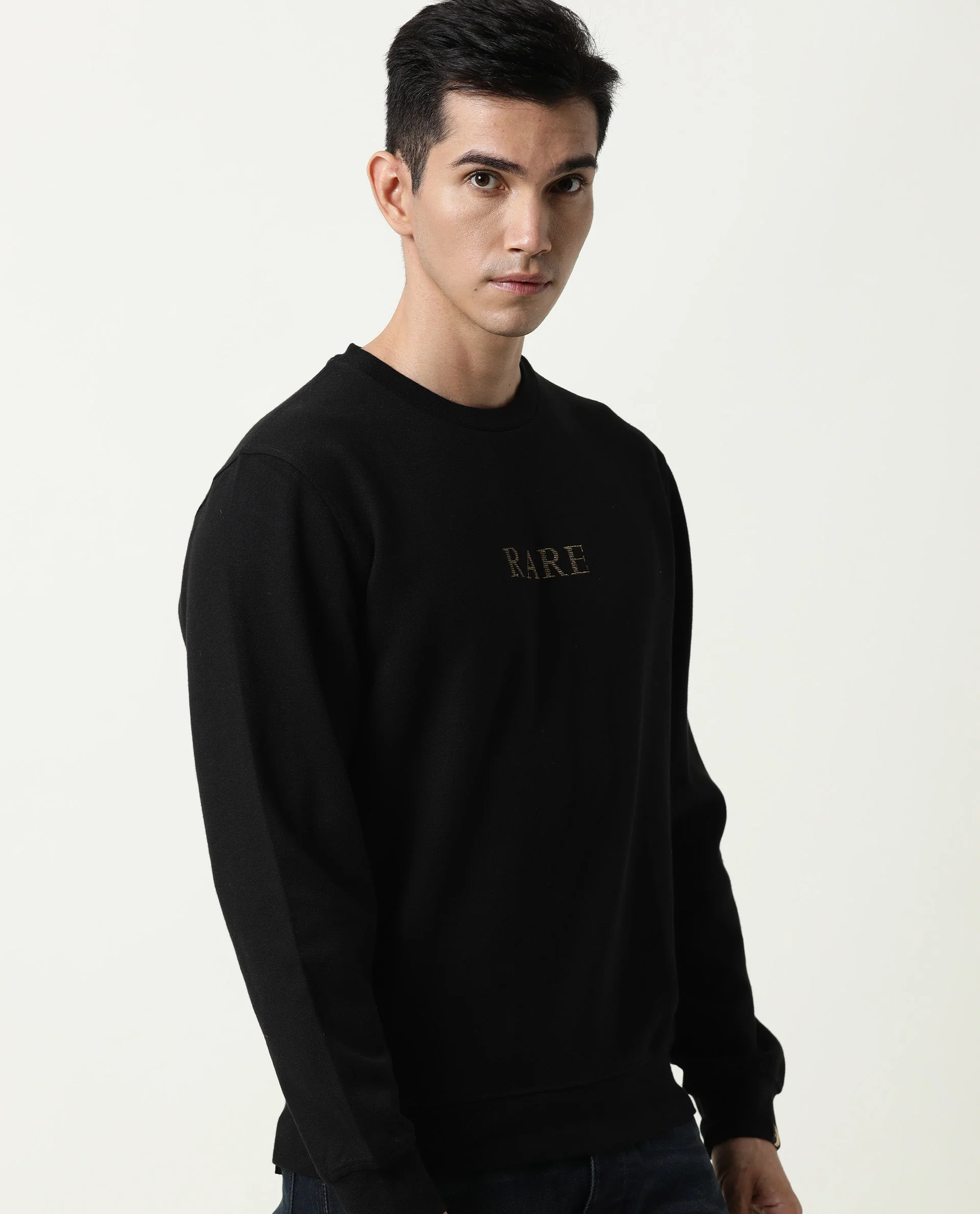 Rare Rabbit Men's Gold Black Plain Regular Fit Full Sleeve Crew Neck Sweatshirt - Image 6