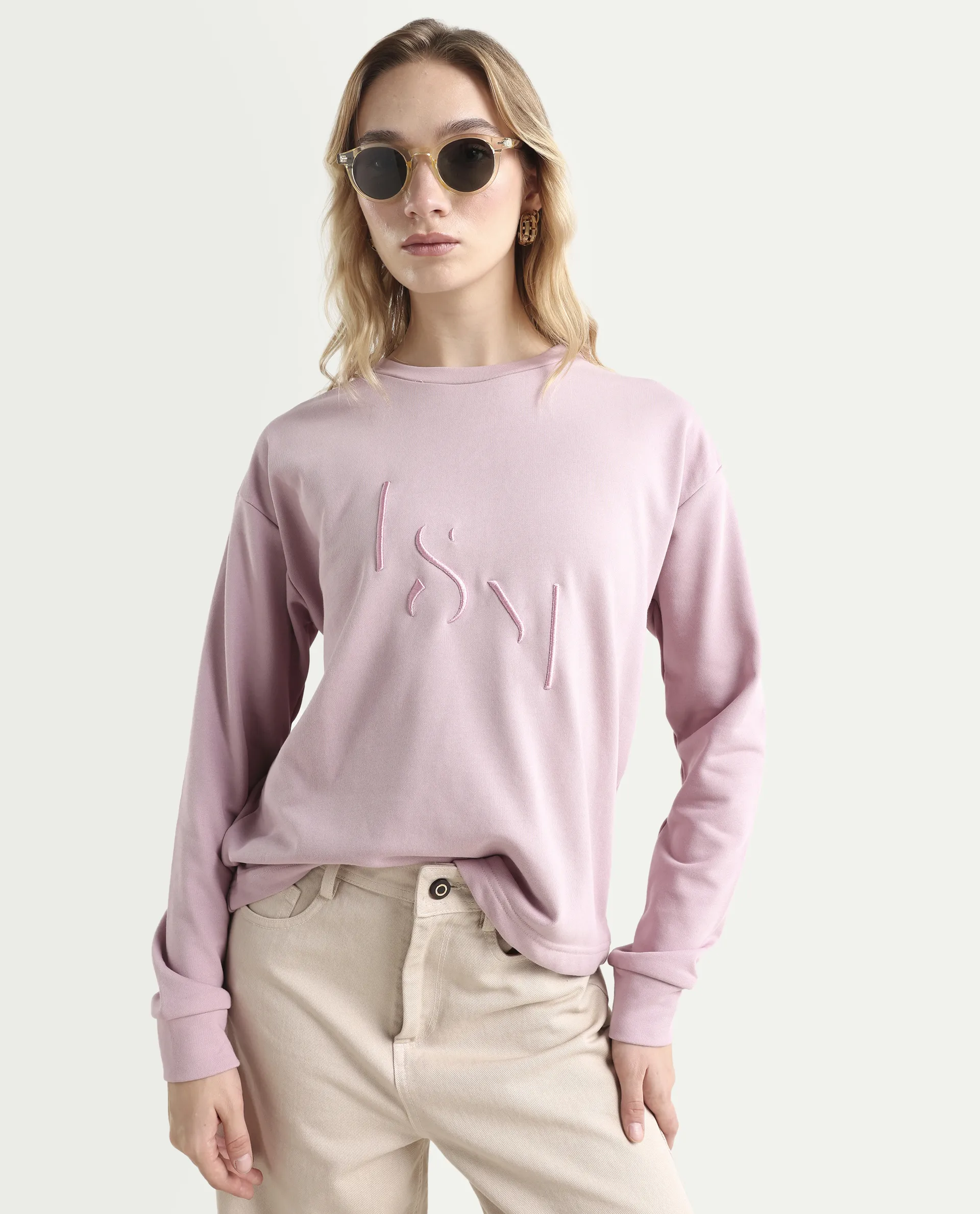 Rareism Women's Goldberg Dusky Pink Polyester Blend Crew Neck Embroidered Regular Fit Sweatshirt