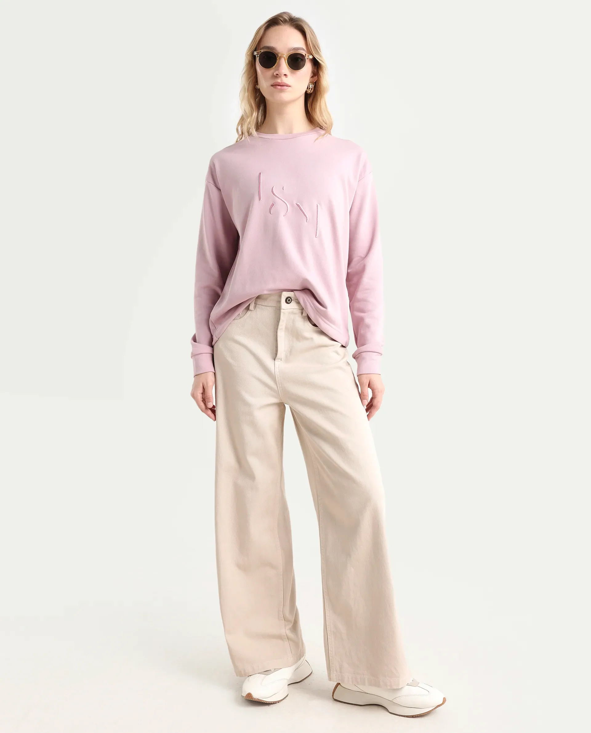 Rareism Women's Goldberg Dusky Pink Polyester Blend Crew Neck Embroidered Regular Fit Sweatshirt - Image 2
