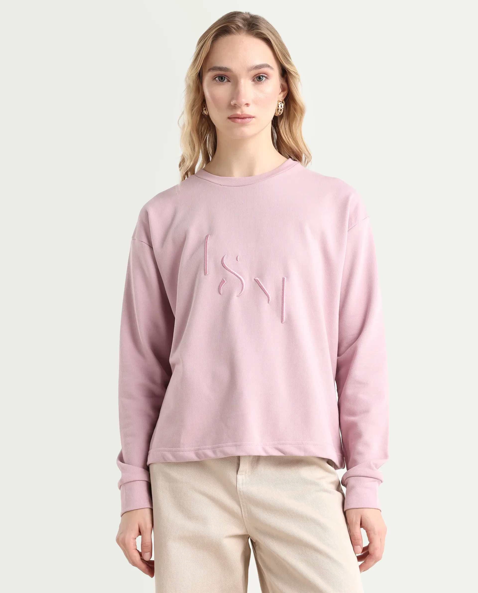 Rareism Women's Goldberg Dusky Pink Polyester Blend Crew Neck Embroidered Regular Fit Sweatshirt - Image 3