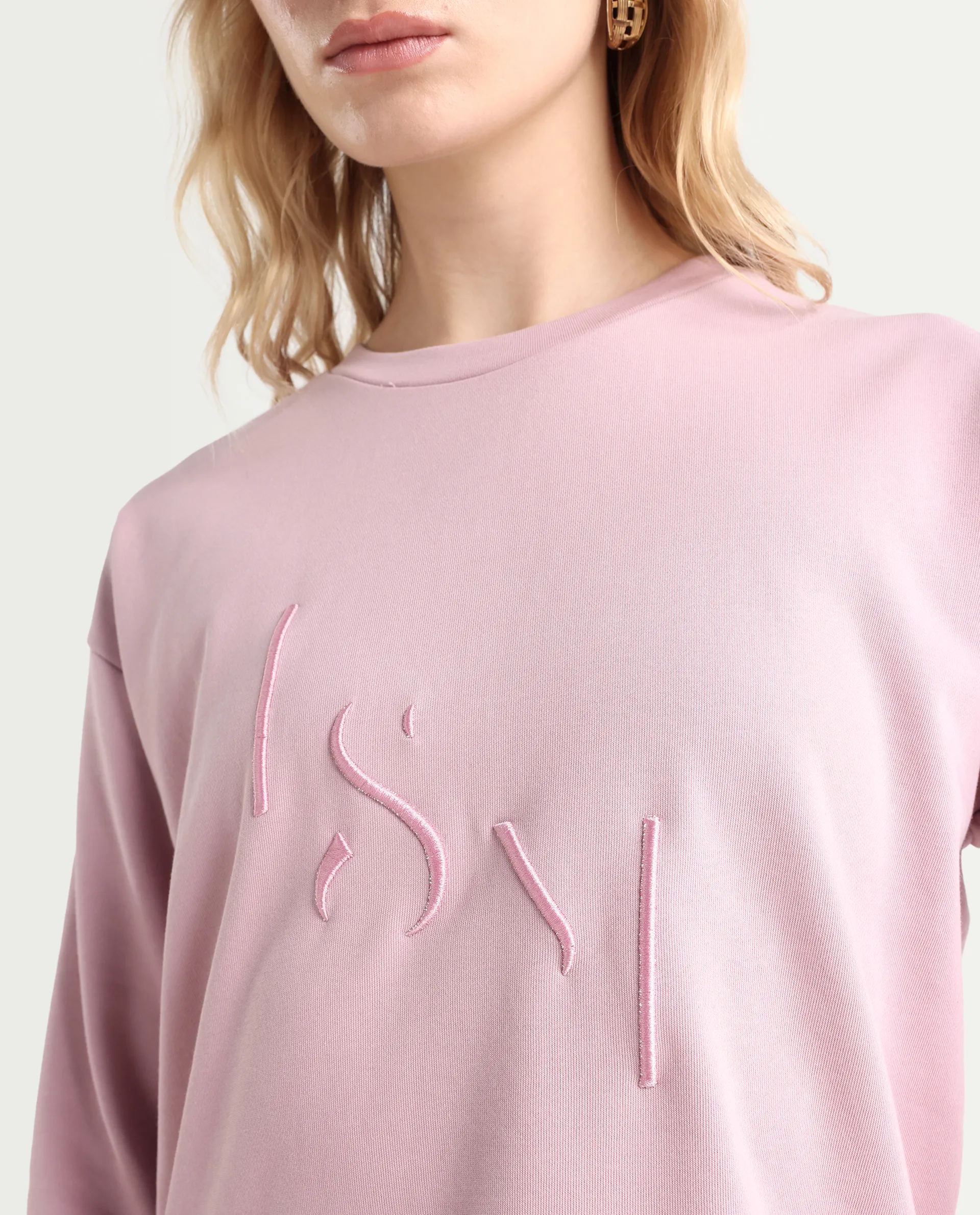 Rareism Women's Goldberg Dusky Pink Polyester Blend Crew Neck Embroidered Regular Fit Sweatshirt - Image 4