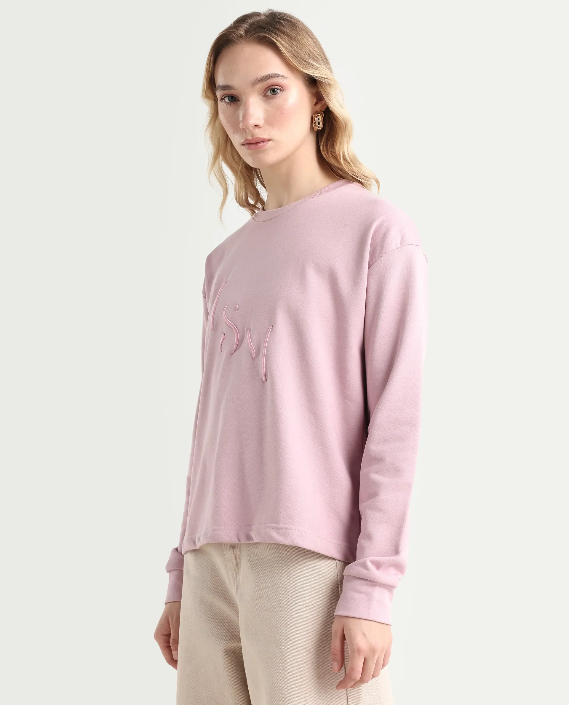 Rareism Women's Goldberg Dusky Pink Polyester Blend Crew Neck Embroidered Regular Fit Sweatshirt - Image 5