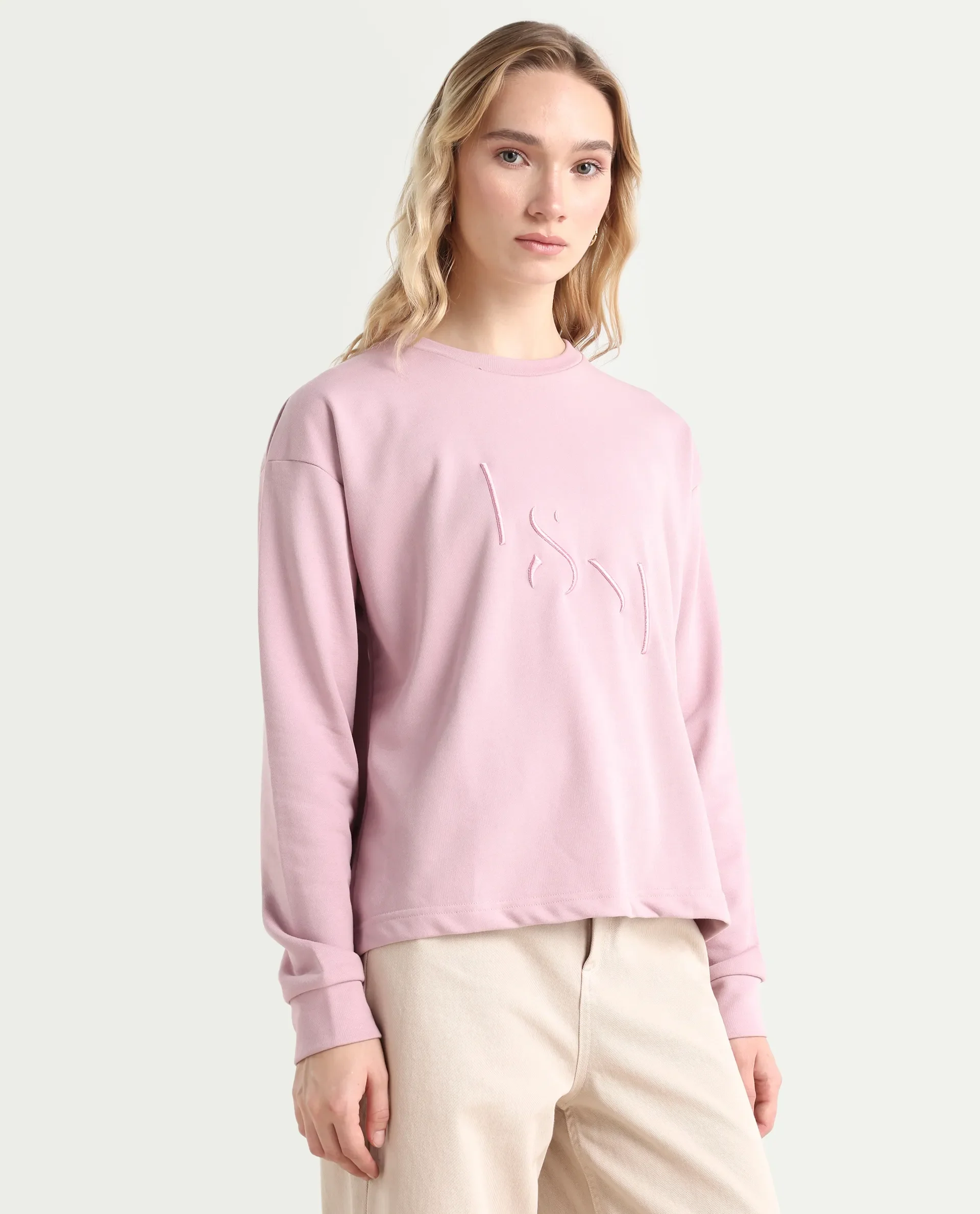 Rareism Women's Goldberg Dusky Pink Polyester Blend Crew Neck Embroidered Regular Fit Sweatshirt - Image 6