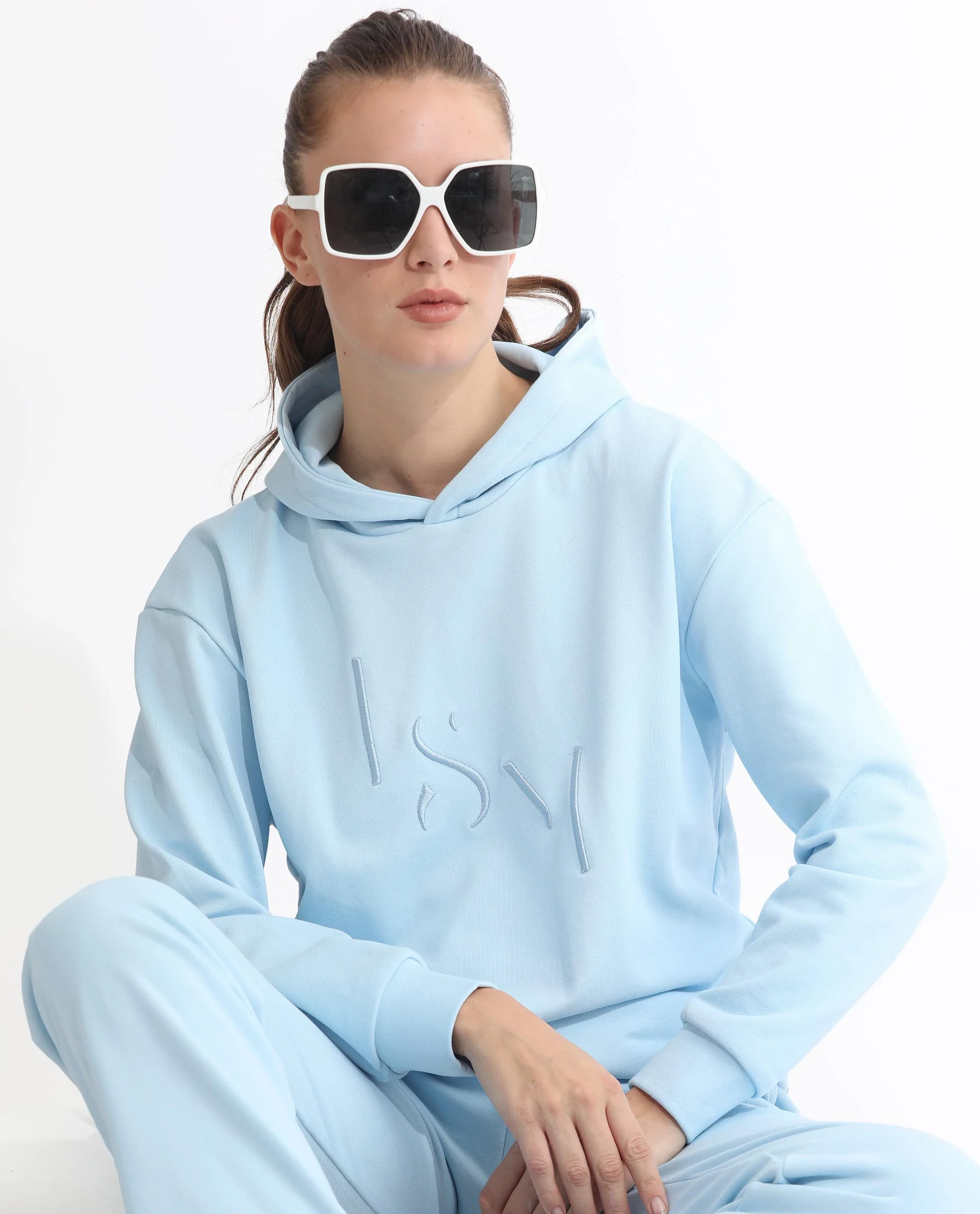 Rareism Women's Golder Light Blue Polyester Blend Hooded Embroidered Regular Fit Sweatshirt - Image 11