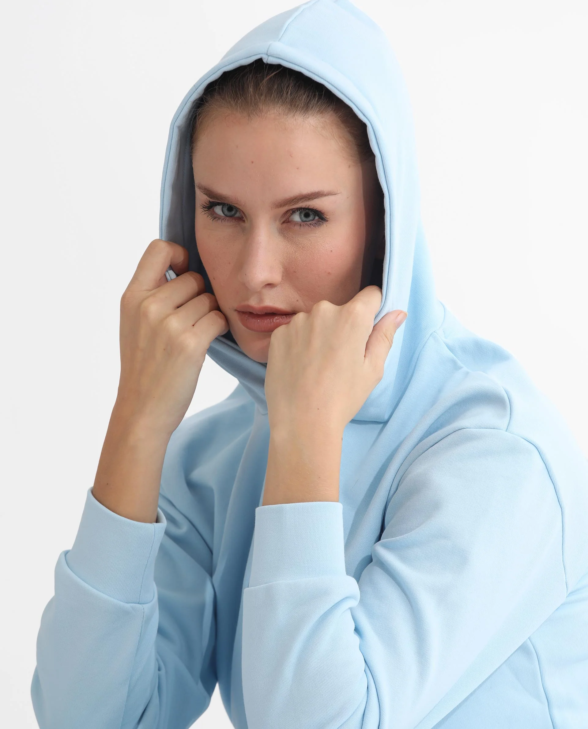 Rareism Women's Golder Light Blue Polyester Blend Hooded Embroidered Regular Fit Sweatshirt - Image 12