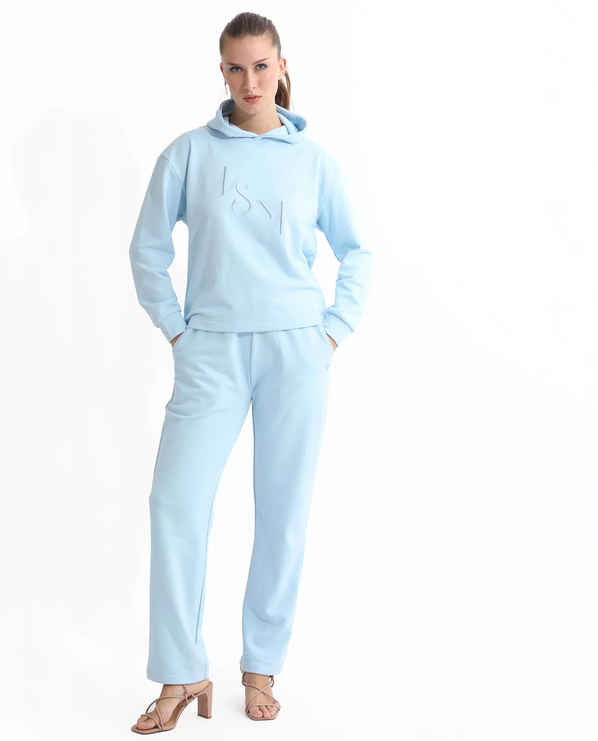 Rareism Women's Golder Light Blue Polyester Blend Hooded Embroidered Regular Fit Sweatshirt - Image 2