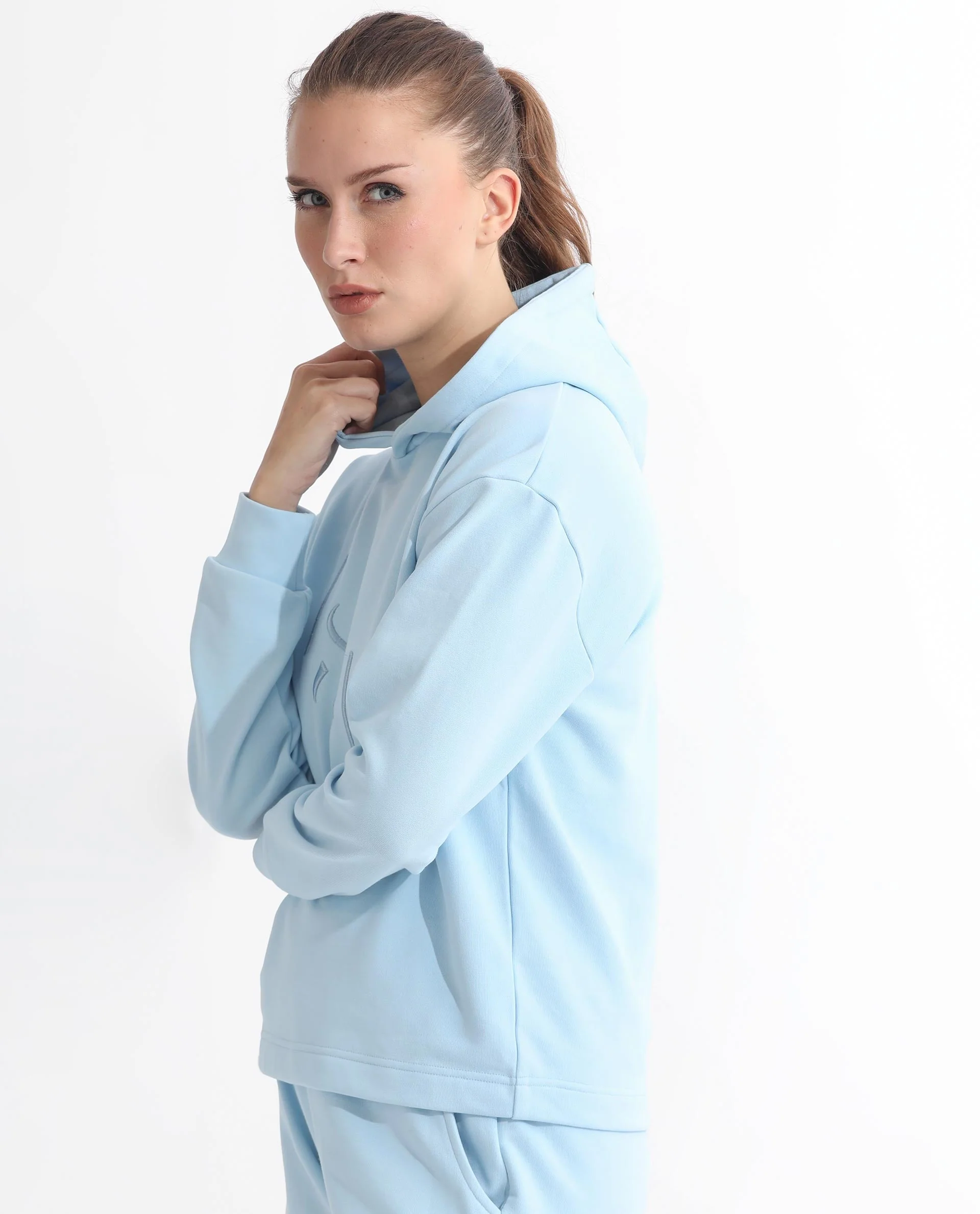 Rareism Women's Golder Light Blue Polyester Blend Hooded Embroidered Regular Fit Sweatshirt - Image 3