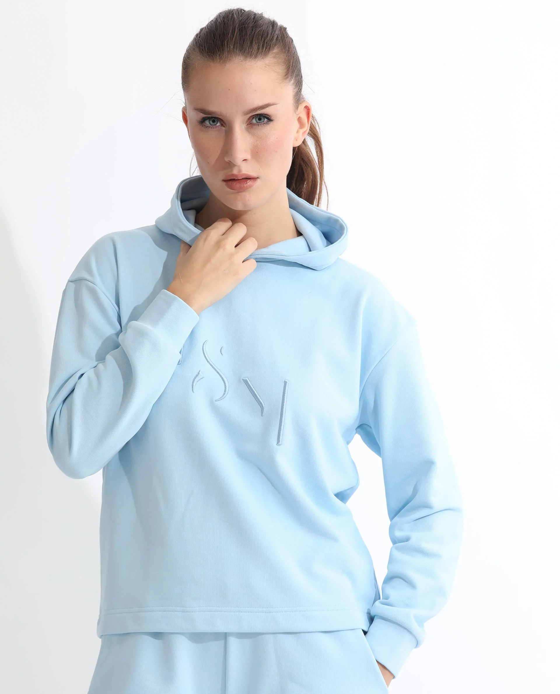 Rareism Women's Golder Light Blue Polyester Blend Hooded Embroidered Regular Fit Sweatshirt - Image 5