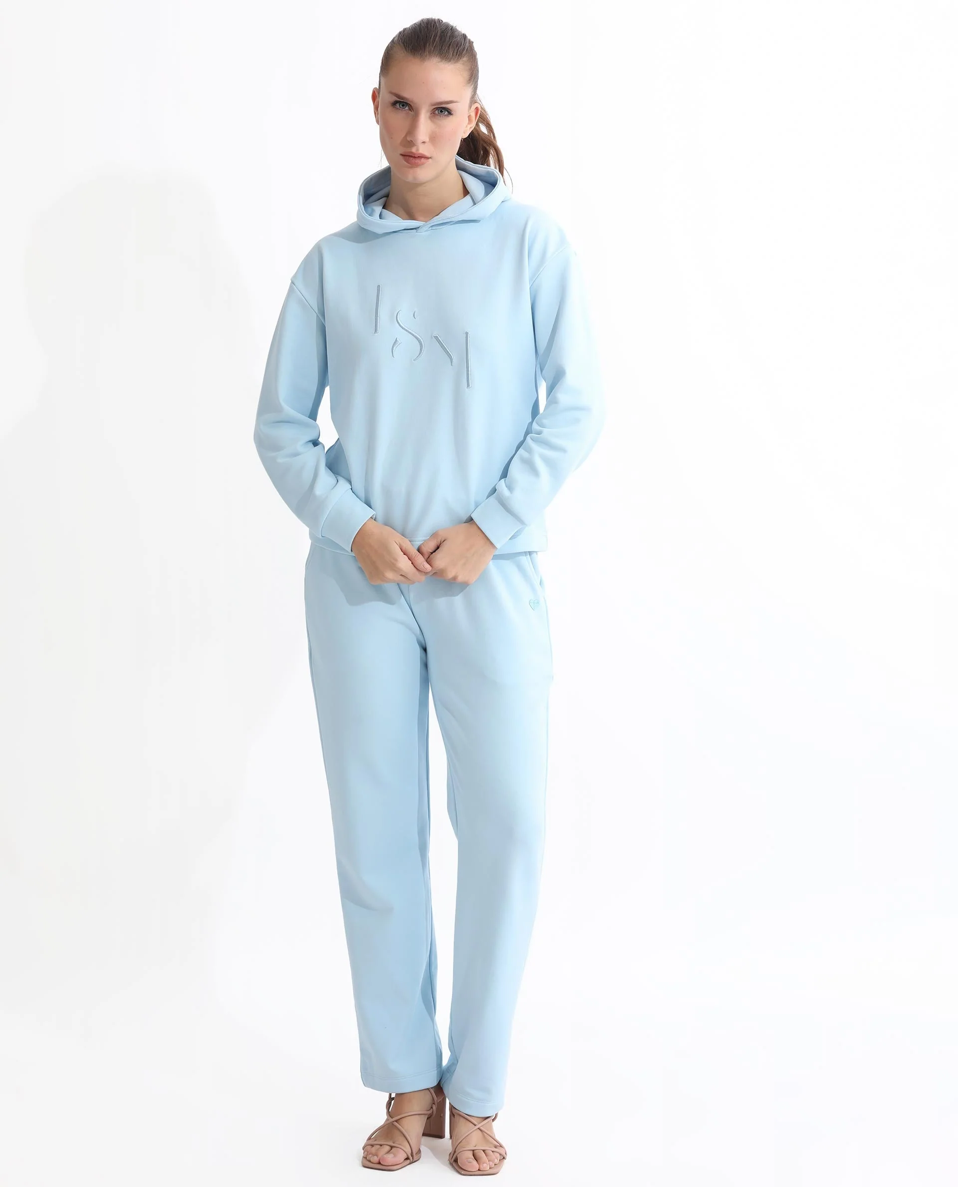 Rareism Women's Golder Light Blue Polyester Blend Hooded Embroidered Regular Fit Sweatshirt - Image 6