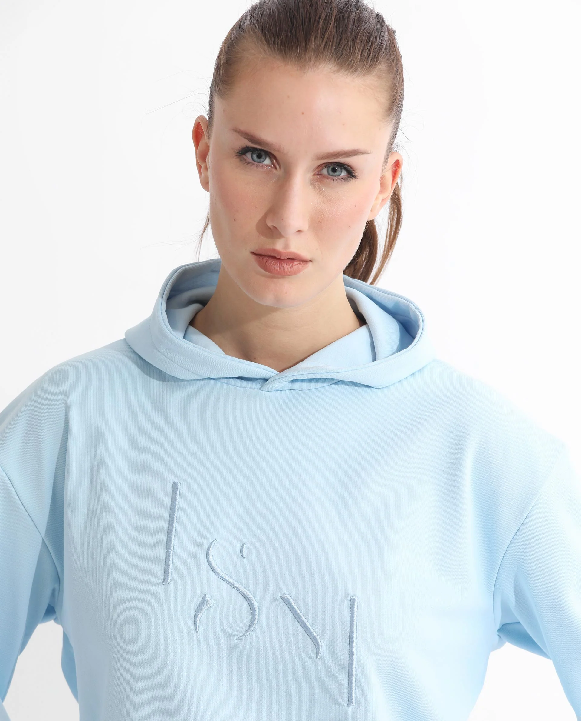 Rareism Women's Golder Light Blue Polyester Blend Hooded Embroidered Regular Fit Sweatshirt - Image 7