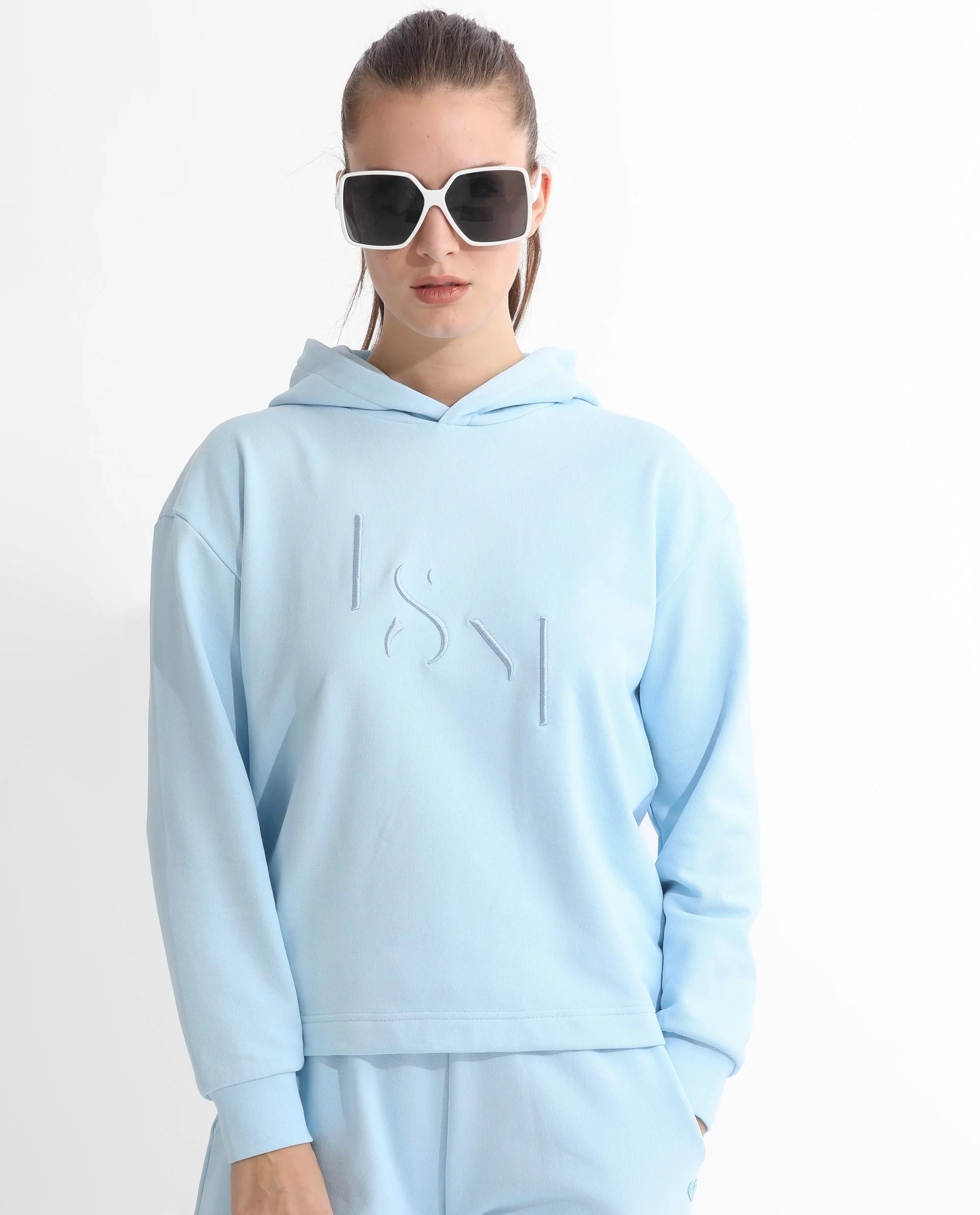 Rareism Women's Golder Light Blue Polyester Blend Hooded Embroidered Regular Fit Sweatshirt - Image 8