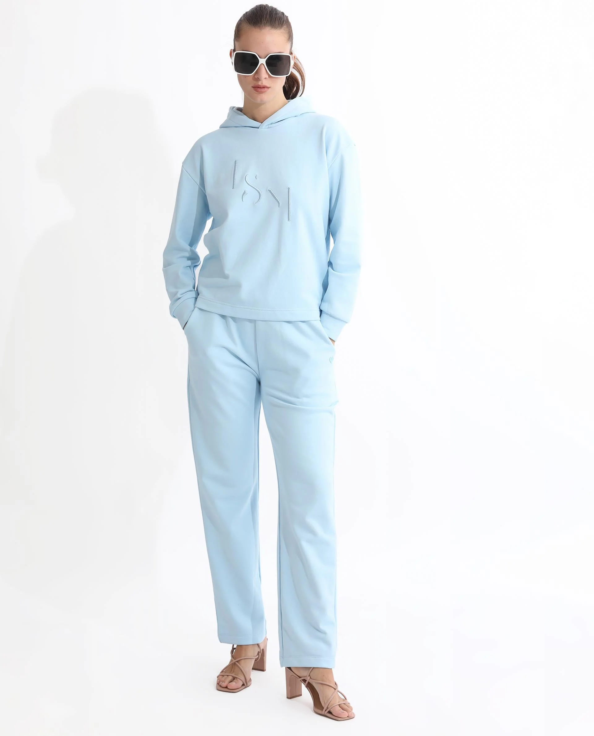 Rareism Women's Golder Light Blue Polyester Blend Hooded Embroidered Regular Fit Sweatshirt - Image 9