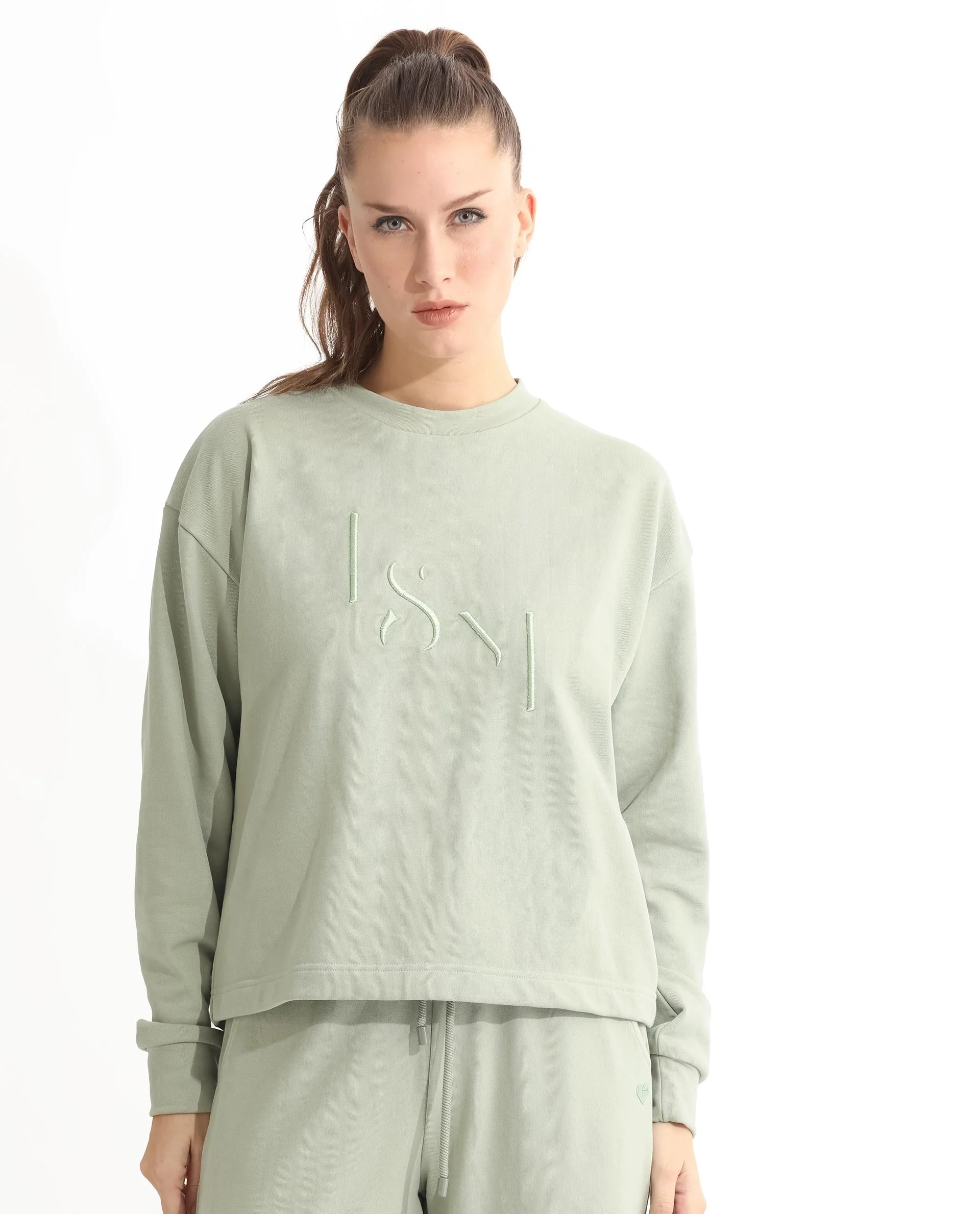 Rareism Women's Goldrage Dusky Green Polyester Blend Crew Neck Embroidered Regular Fit Sweatshirt - Image 2