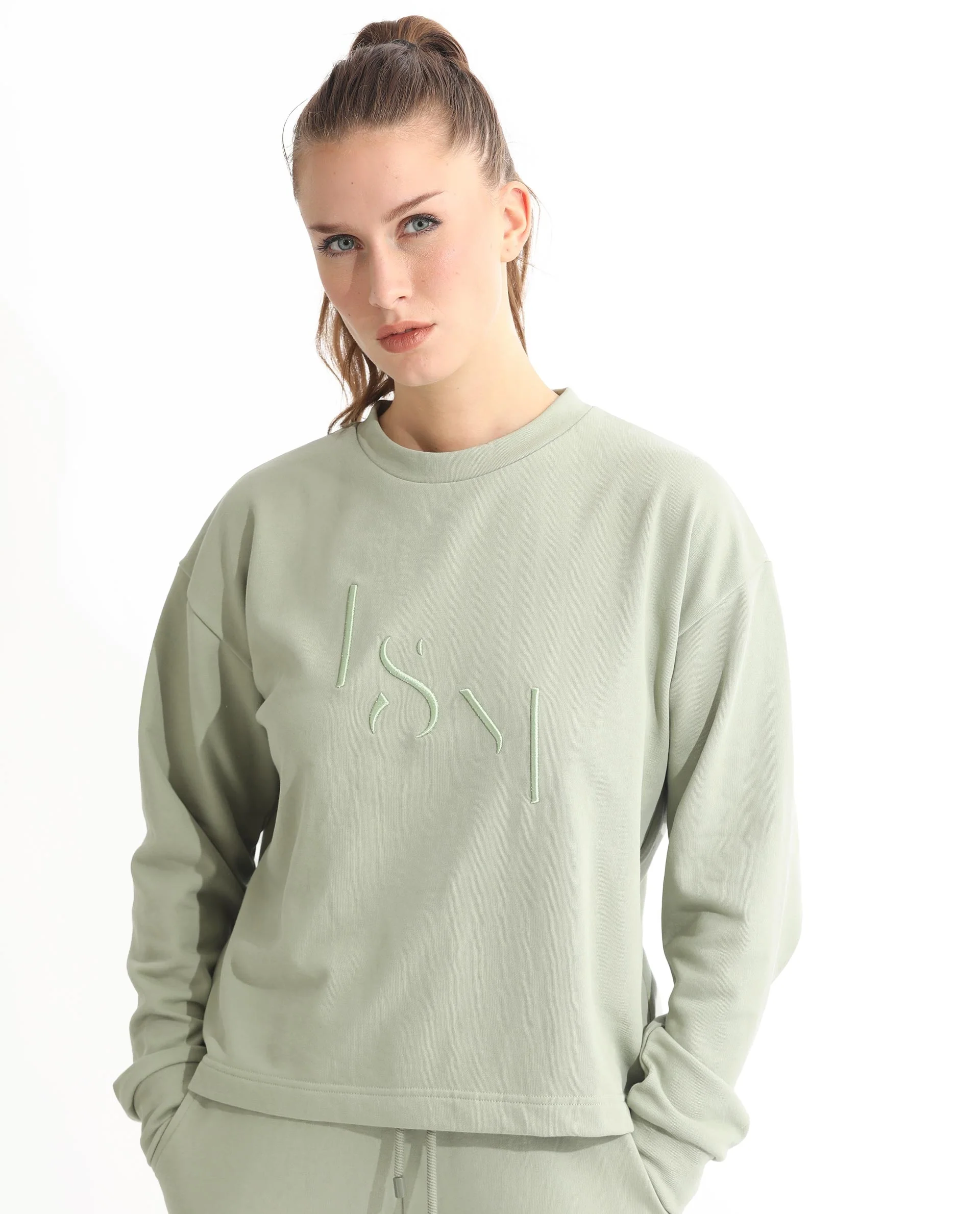 Rareism Women's Goldrage Dusky Green Polyester Blend Crew Neck Embroidered Regular Fit Sweatshirt - Image 3
