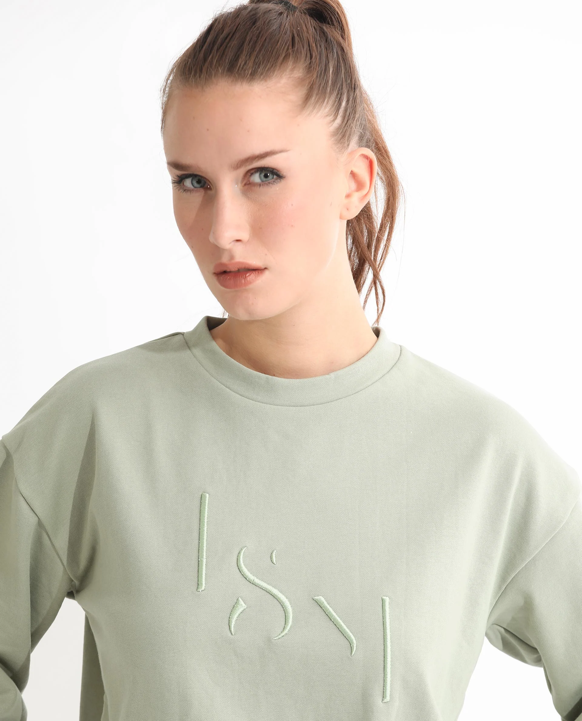 Rareism Women's Goldrage Dusky Green Polyester Blend Crew Neck Embroidered Regular Fit Sweatshirt - Image 4