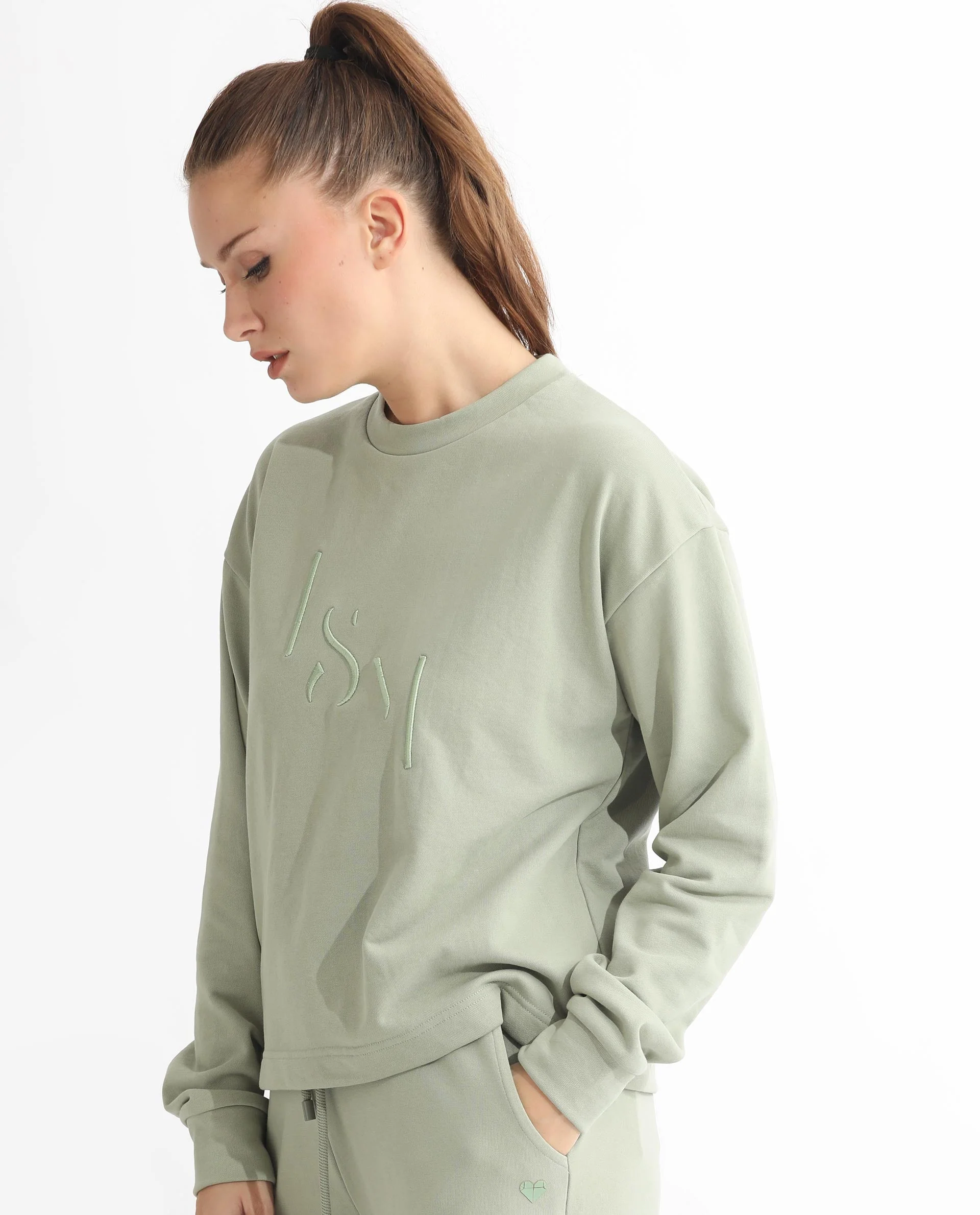 Rareism Women's Goldrage Dusky Green Polyester Blend Crew Neck Embroidered Regular Fit Sweatshirt - Image 5