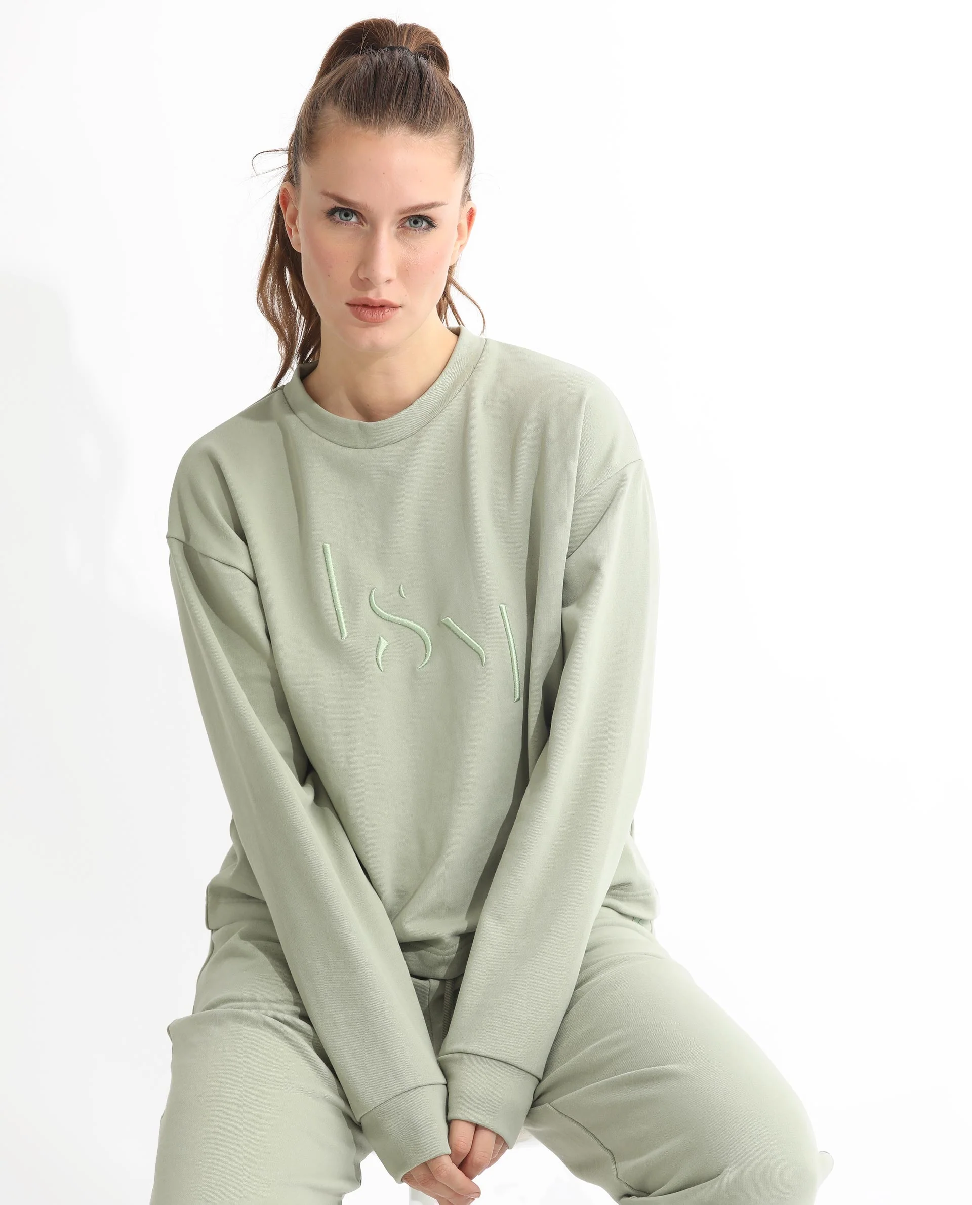 Rareism Women's Goldrage Dusky Green Polyester Blend Crew Neck Embroidered Regular Fit Sweatshirt - Image 6