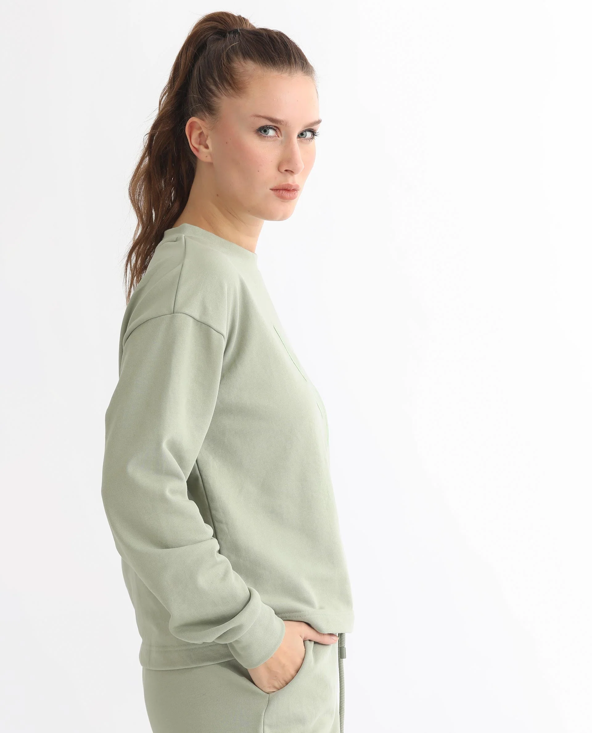 Rareism Women's Goldrage Dusky Green Polyester Blend Crew Neck Embroidered Regular Fit Sweatshirt - Image 7