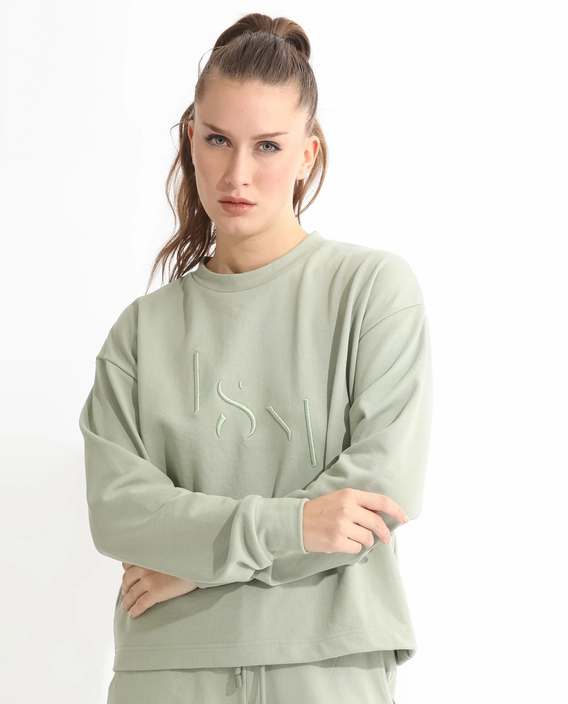 Rareism Women's Goldrage Dusky Green Polyester Blend Crew Neck Embroidered Regular Fit Sweatshirt - Image 8