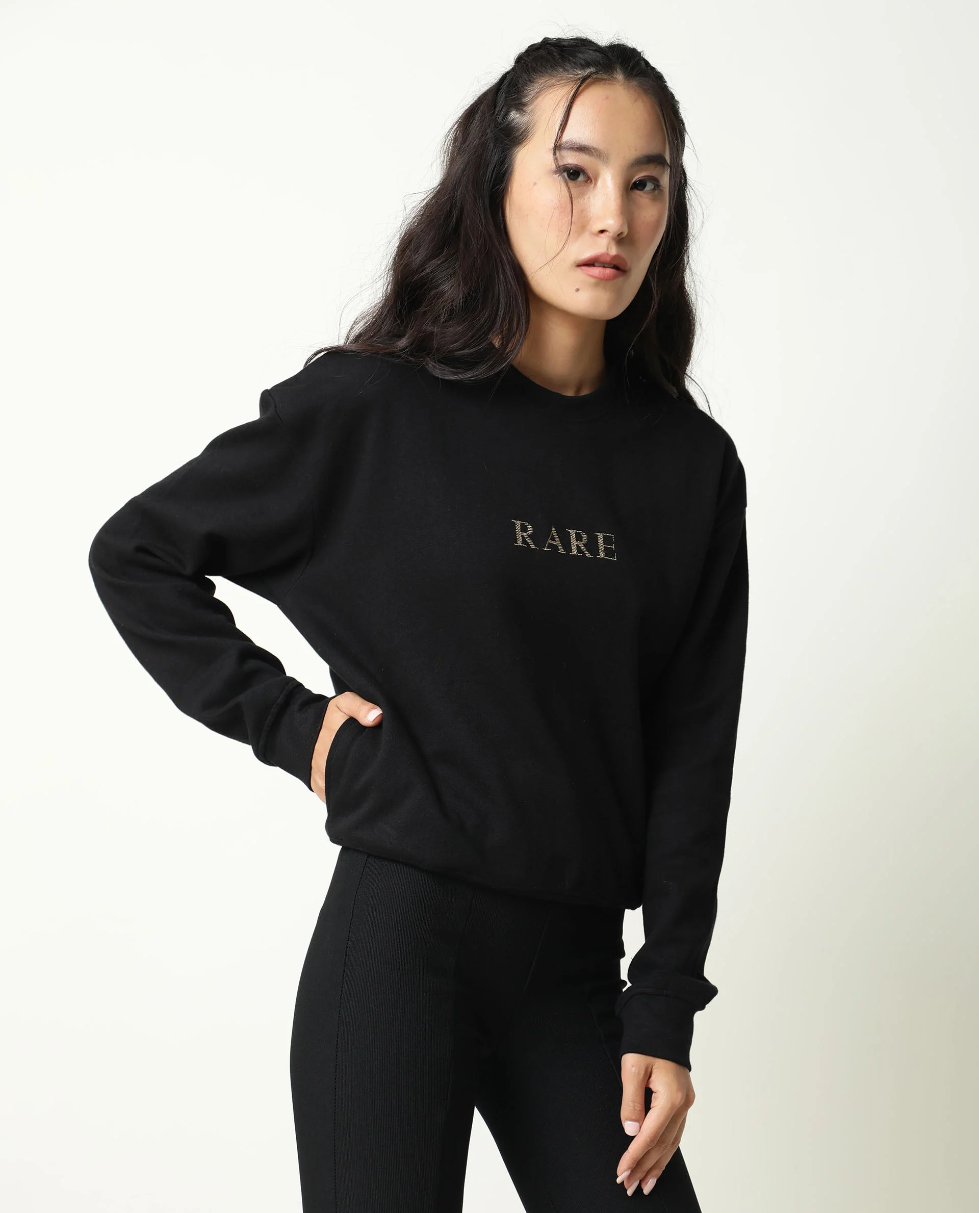 Rareism Womens Goldy Black Sweatshirt Crew Neck Full Sleeve Cotton Blend Fabric Relaxed Fit - Image 2