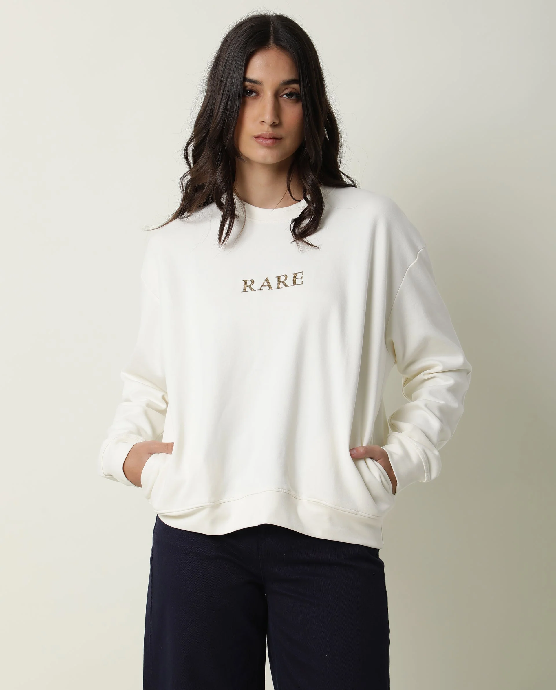 Rareism Womens Goldy Off White Sweatshirt Crew Neck Full Sleeve Cotton Blend Fabric Relaxed Fit