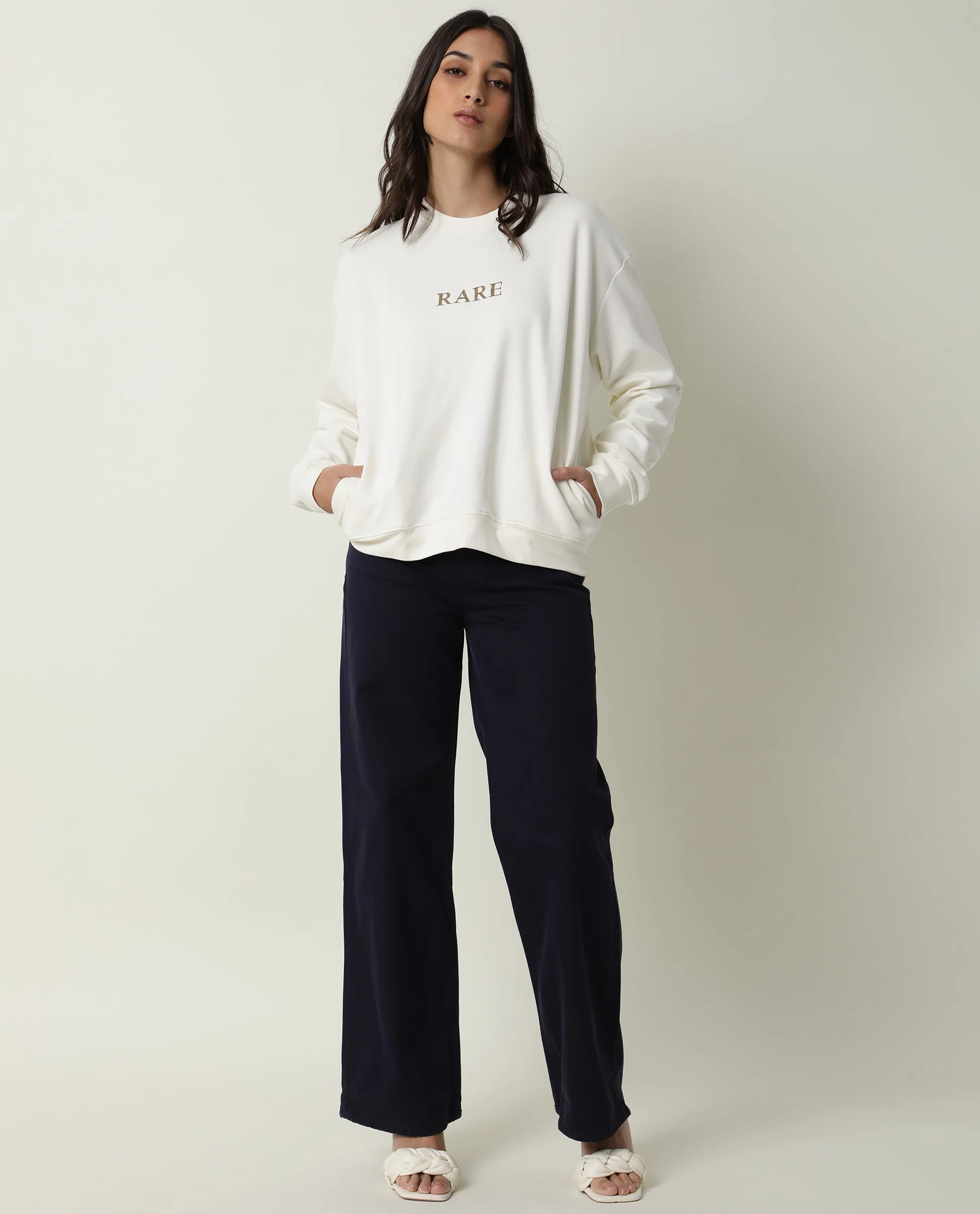 Rareism Womens Goldy Off White Sweatshirt Crew Neck Full Sleeve Cotton Blend Fabric Relaxed Fit - Image 2