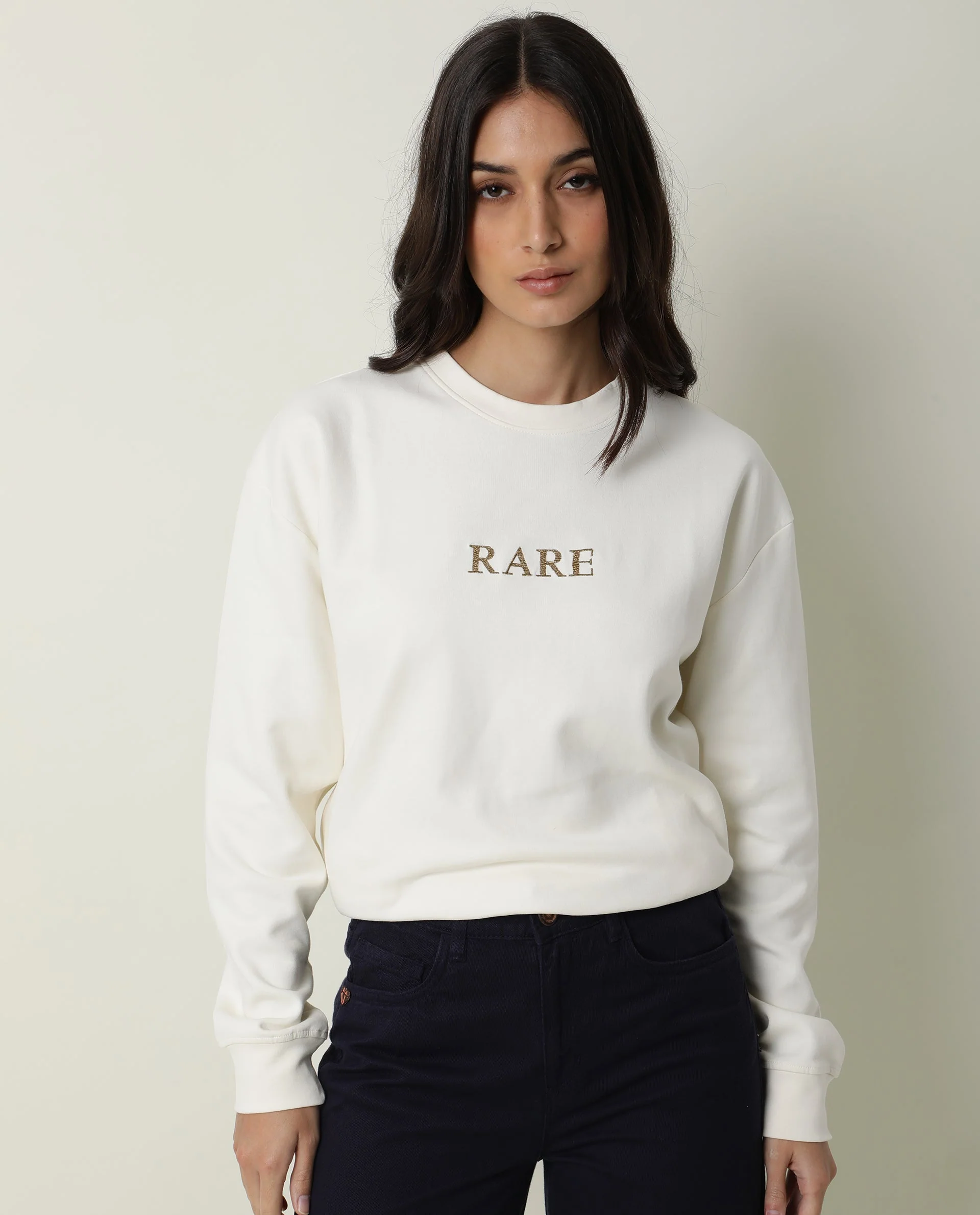 Rareism Womens Goldy Off White Sweatshirt Crew Neck Full Sleeve Cotton Blend Fabric Relaxed Fit - Image 4