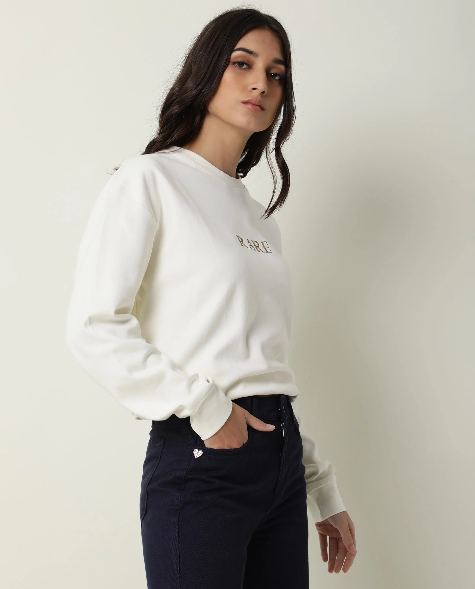 Rareism Womens Goldy Off White Sweatshirt Crew Neck Full Sleeve Cotton Blend Fabric Relaxed Fit - Image 5