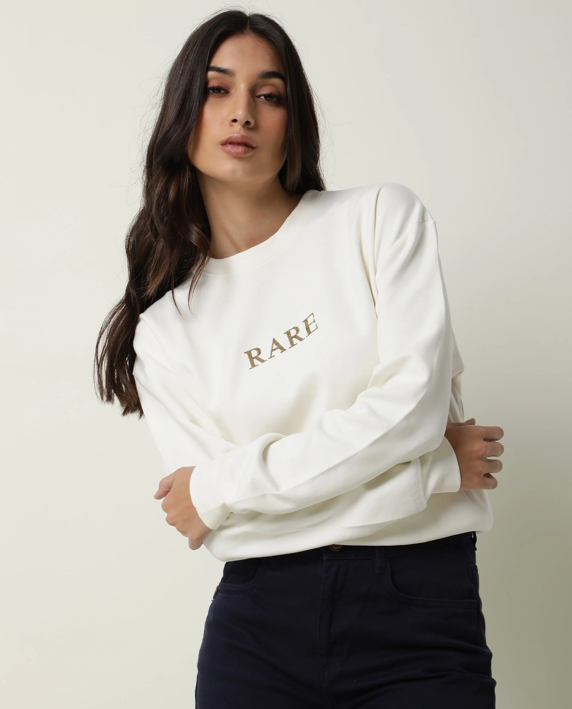 Rareism Womens Goldy Off White Sweatshirt Crew Neck Full Sleeve Cotton Blend Fabric Relaxed Fit - Image 6